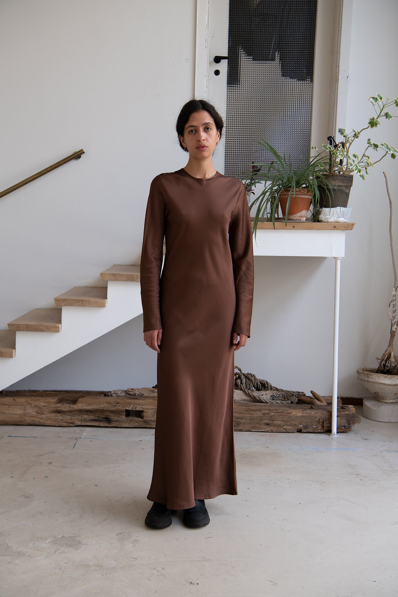 Dydine Long Sleeve Dress - Ecovero Satin - Dark Brown