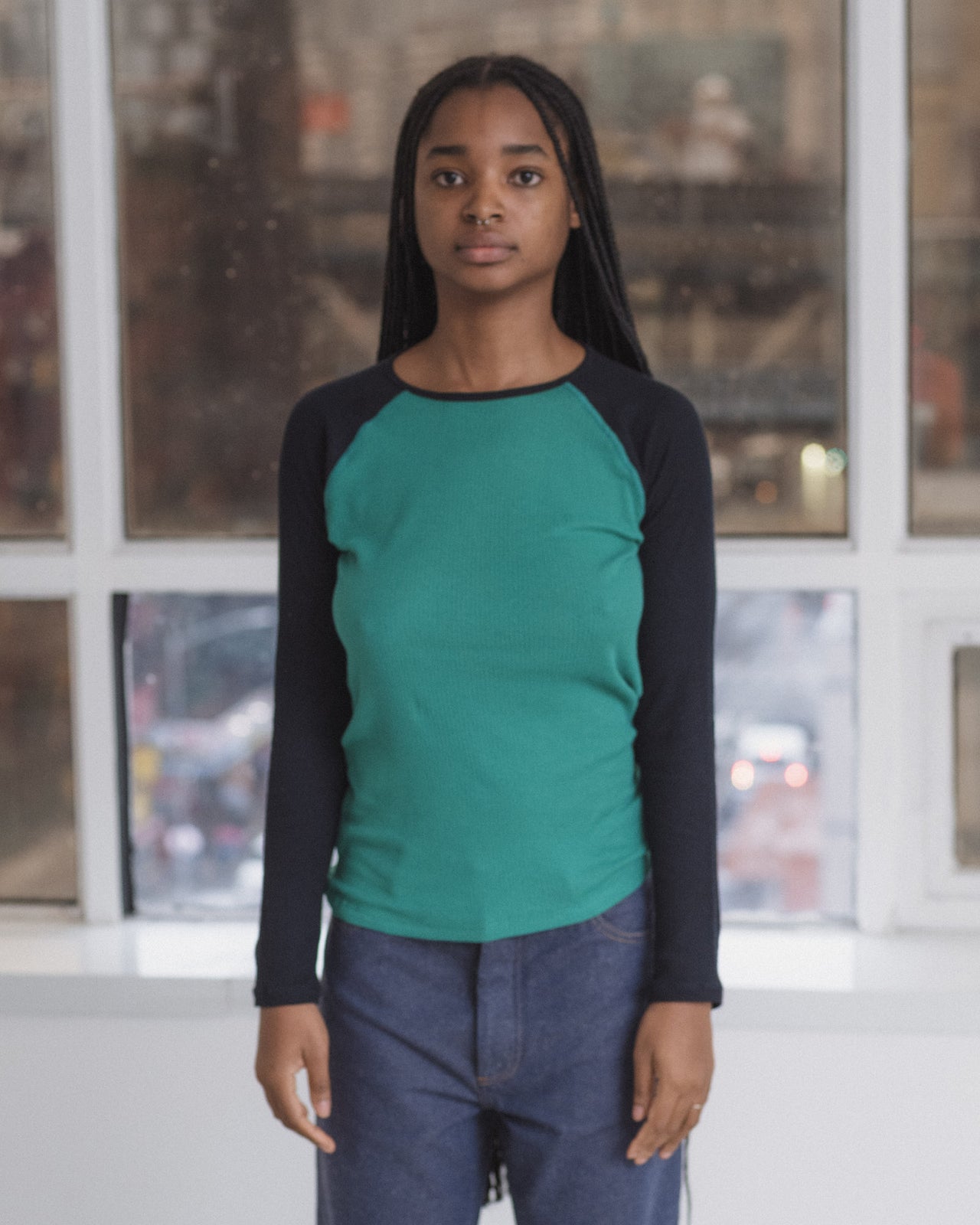 Gene Long Sleeve Tee - Fine Organic Cotton Rib - Mira Green / Navy