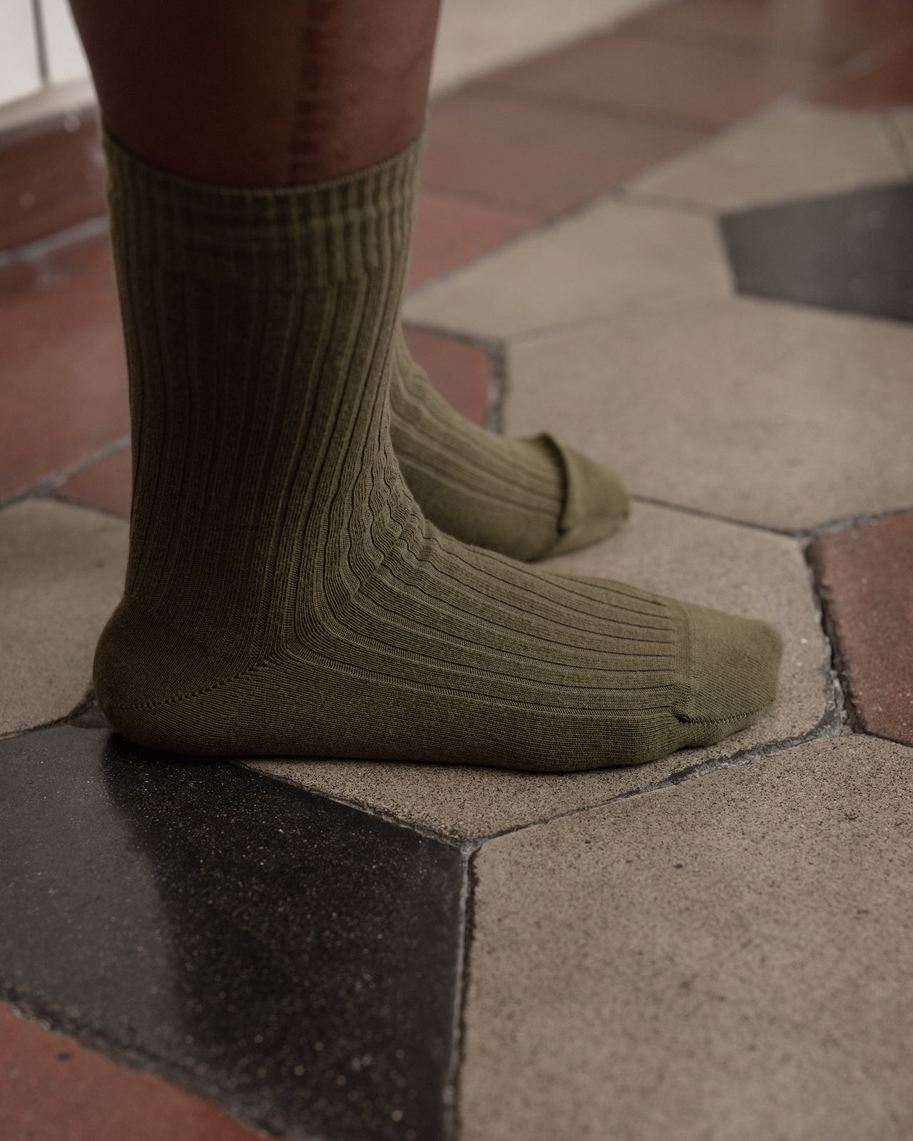 Rib Overankle Socks - Cotton - Rena Olive - WT23