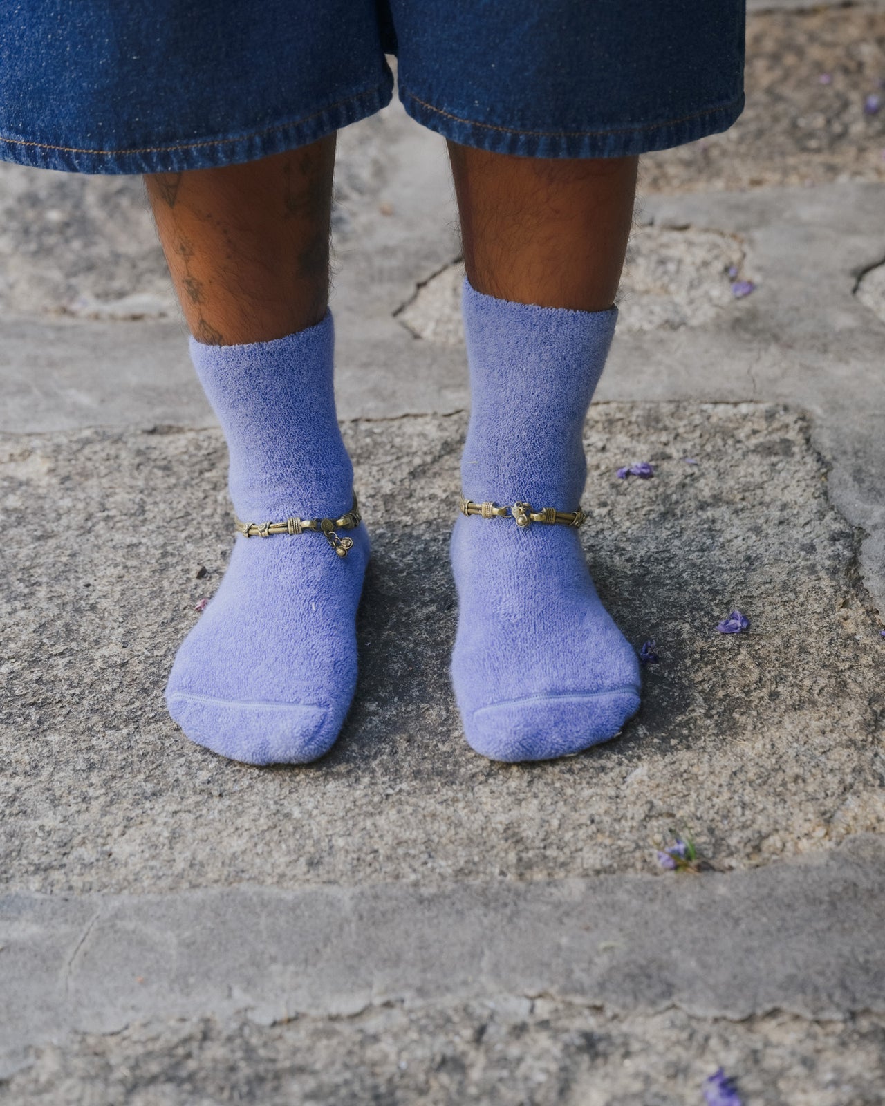 Buckle Overankle Socks - Textured Organic Cotton - Blue Melange