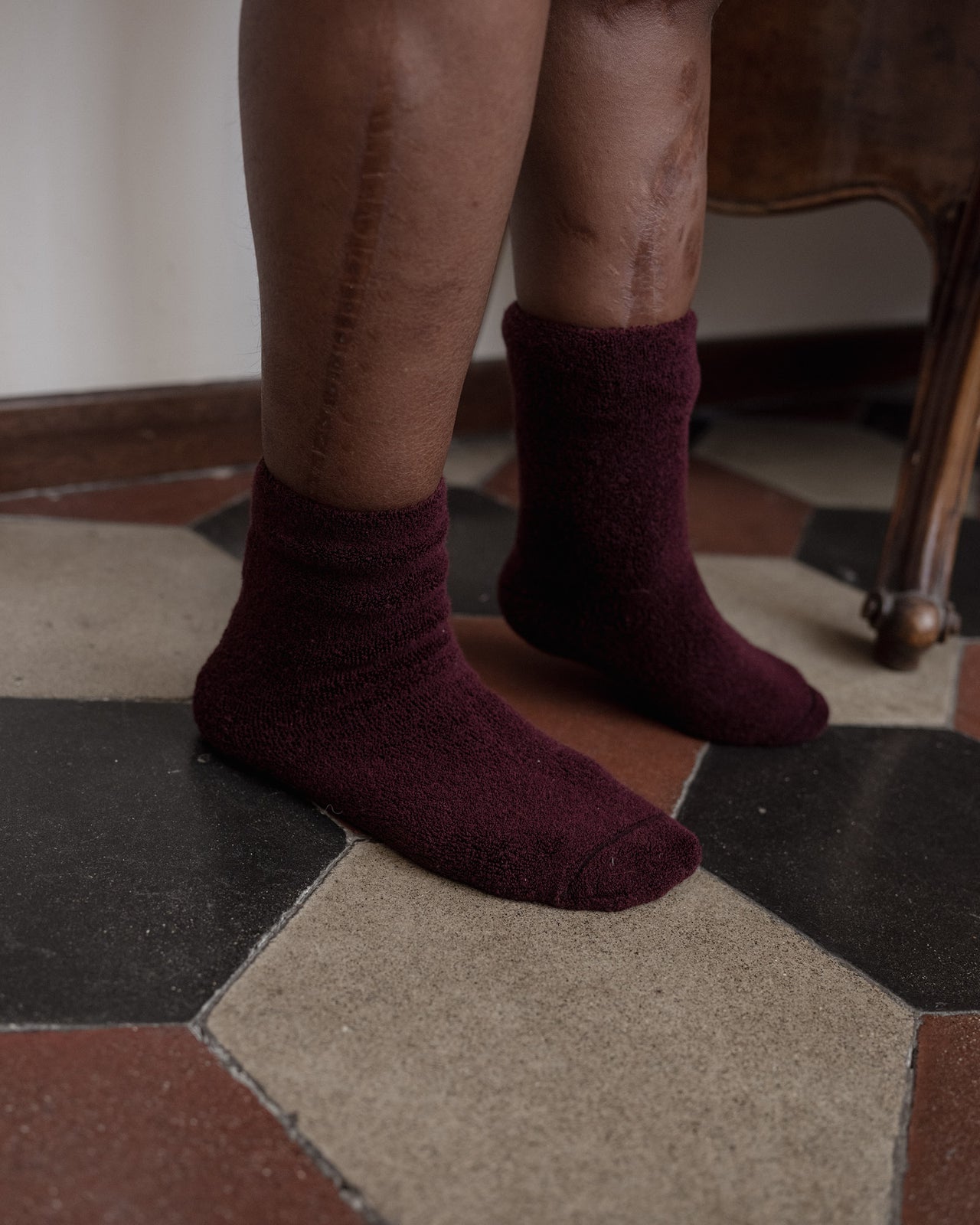 Buckle Overankle Socks - Cotton - Burgundy - WT23