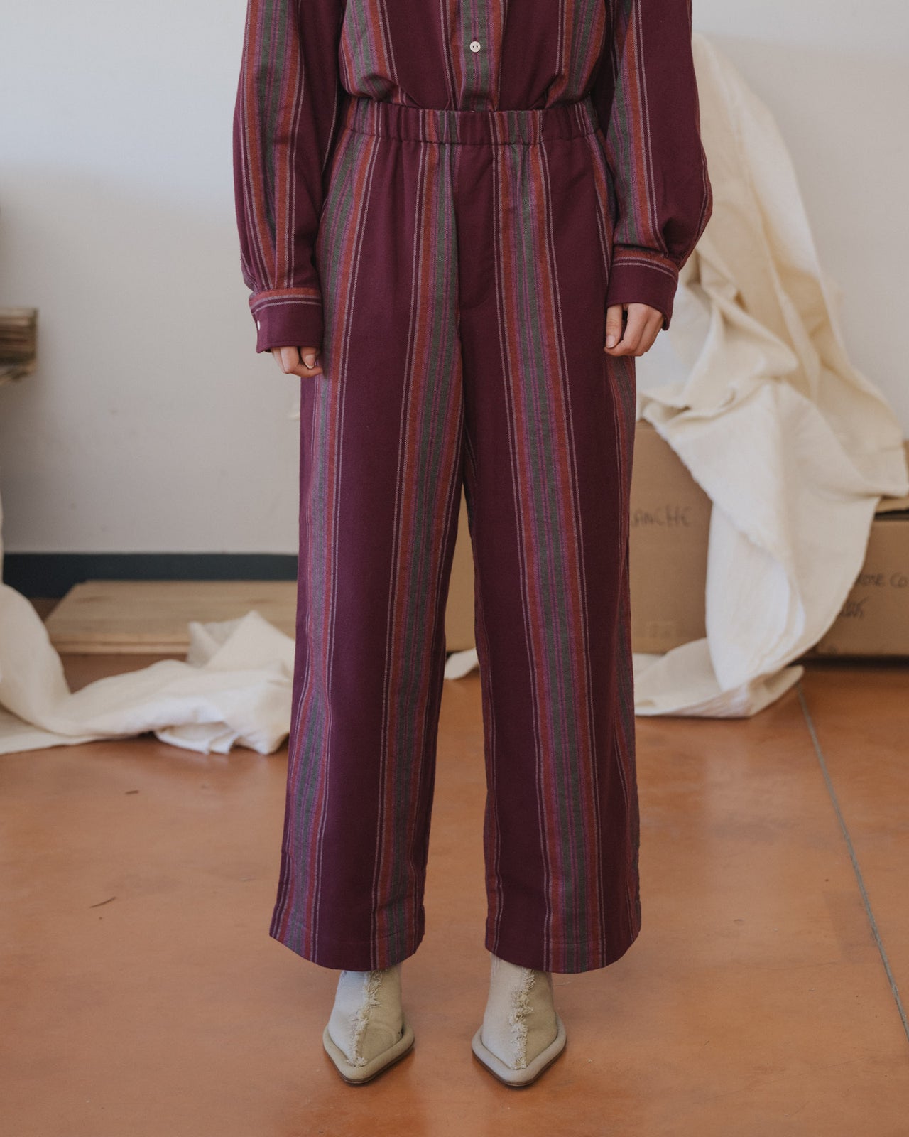 Claude Pants - Organic Cotton Flannel - Maroon Stripe