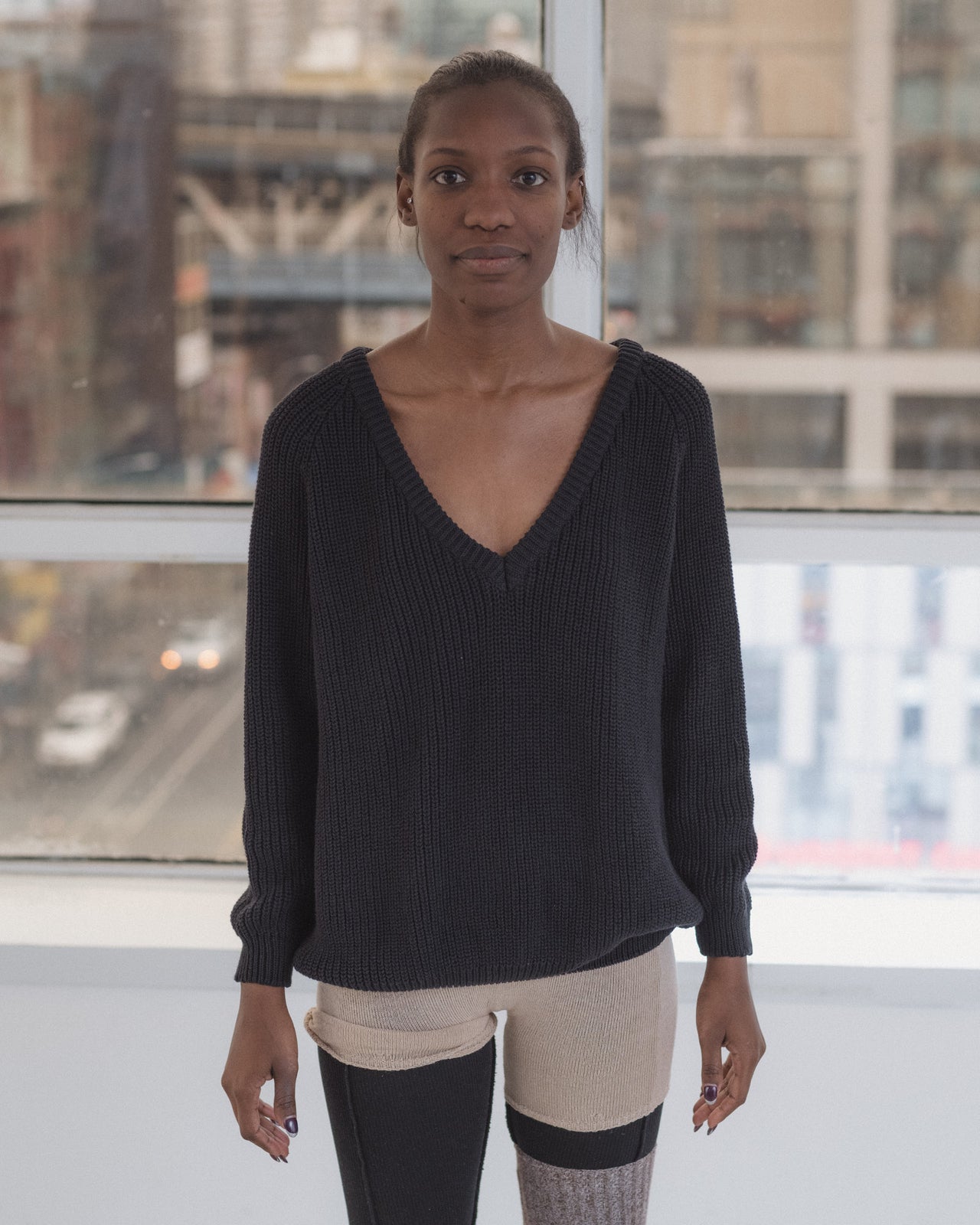 Danube V Neck Sweater - Organic Cotton Knit - Black