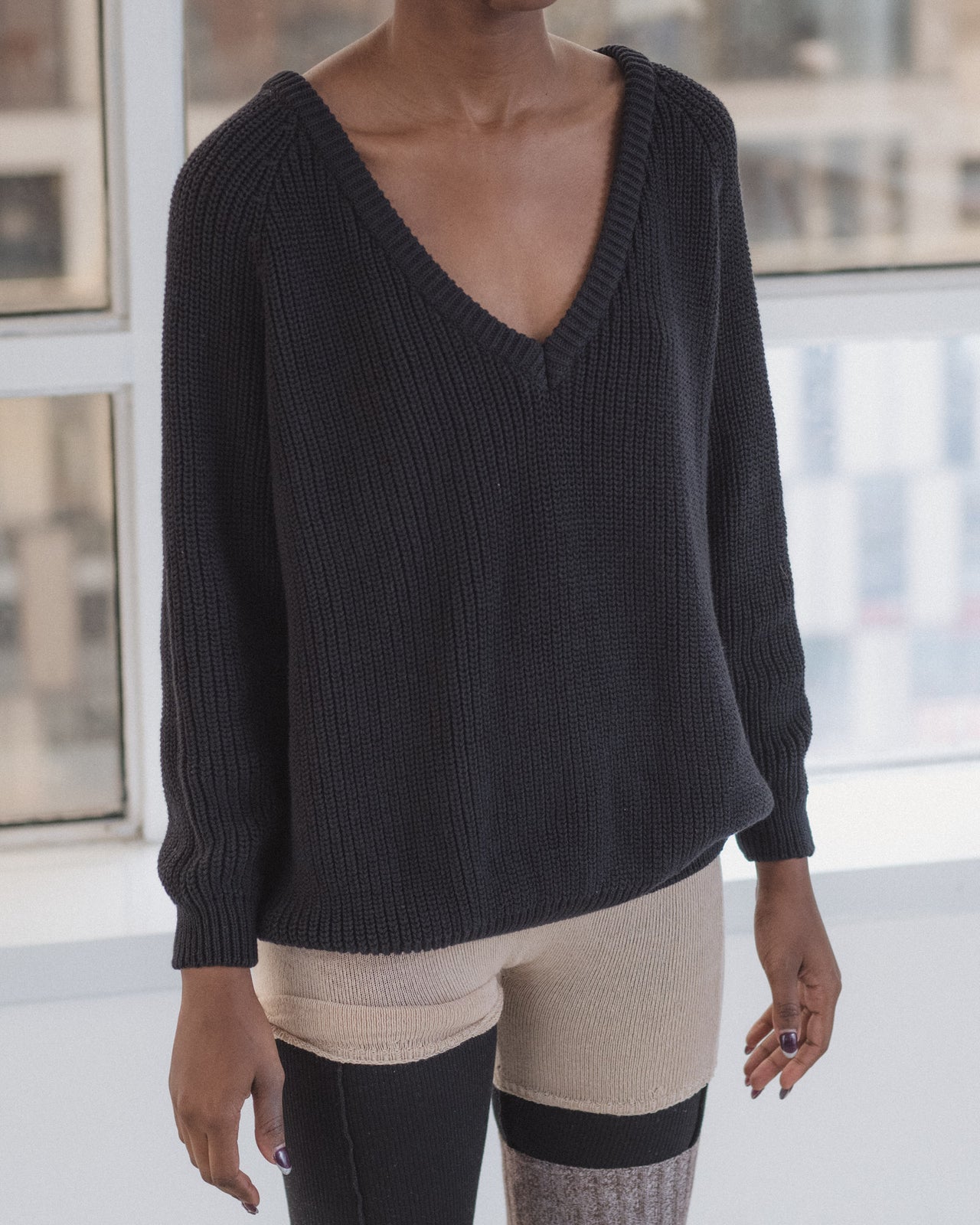 Danube V Neck Sweater - Organic Cotton Knit - Black