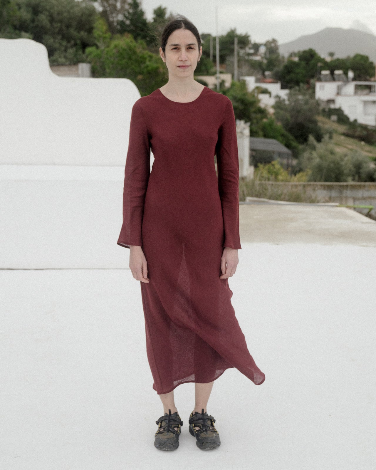 Dydine Long Sleeve Dress - Fine Linen - Stome Burgundy