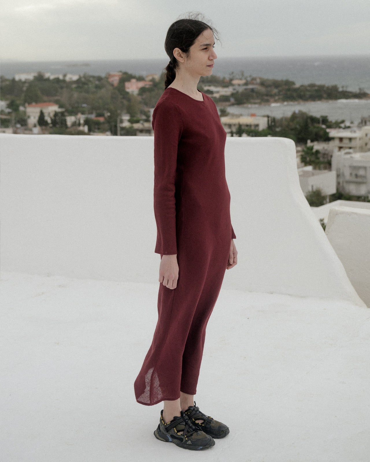 Dydine Long Sleeve Dress - Fine Linen - Stome Burgundy