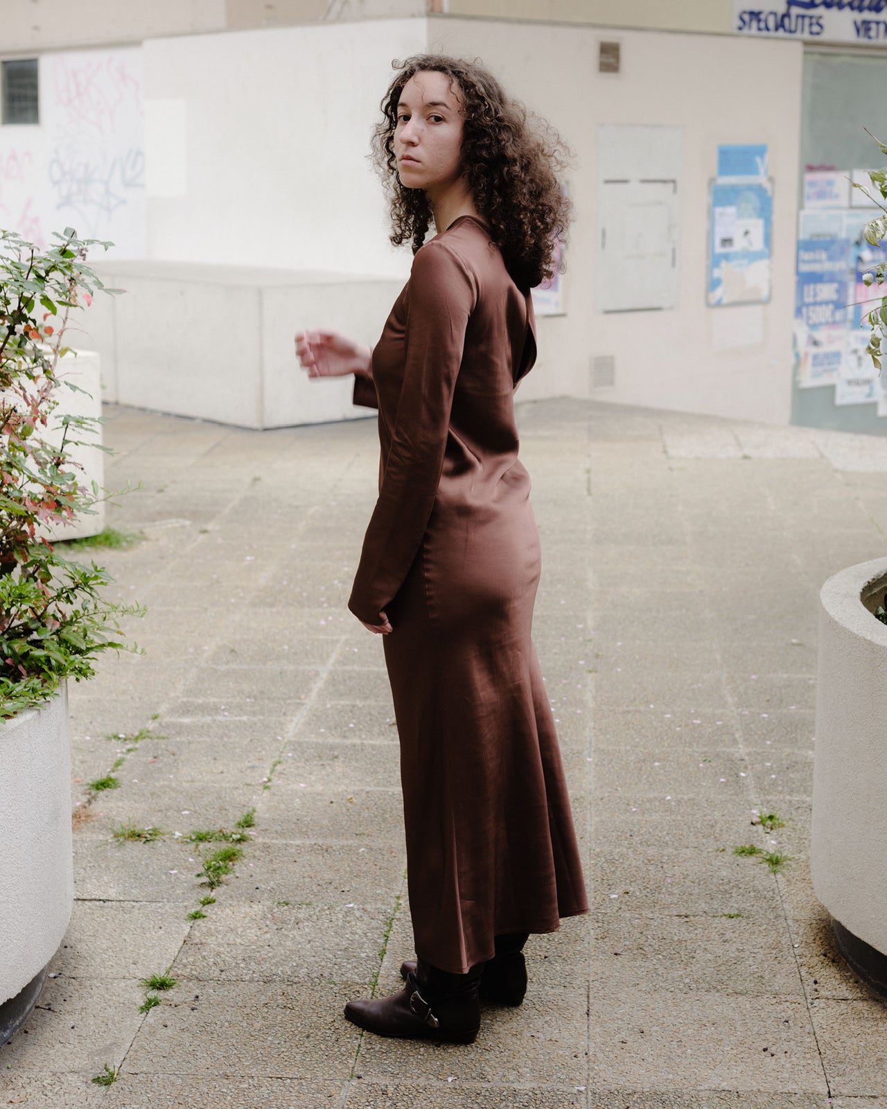 Dydine Long Sleeve Dress - Ecovero Satin - Dark Brown