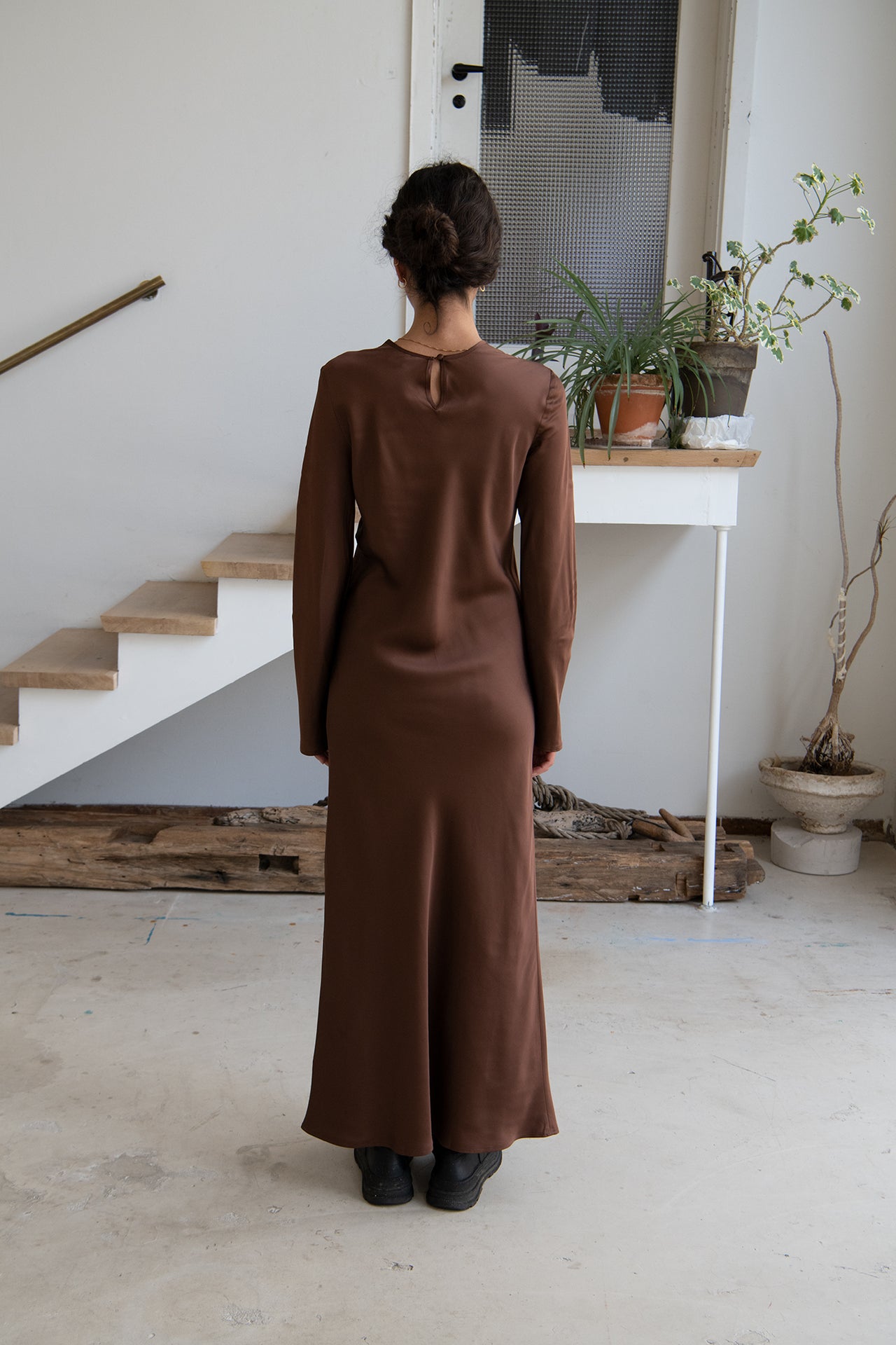 Dydine Long Sleeve Dress - Ecovero Satin - Dark Brown