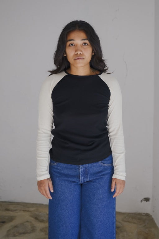 Gene Long Sleeve Tee - Fine Organic Cotton Rib - Black / Off White