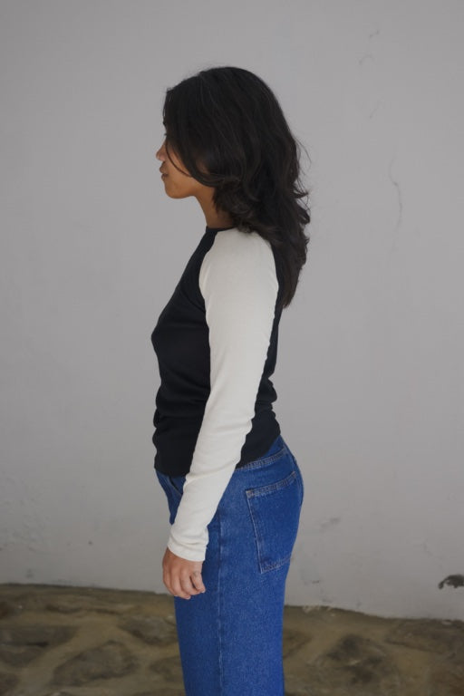 Gene Long Sleeve Tee - Fine Organic Cotton Rib - Black / Off White