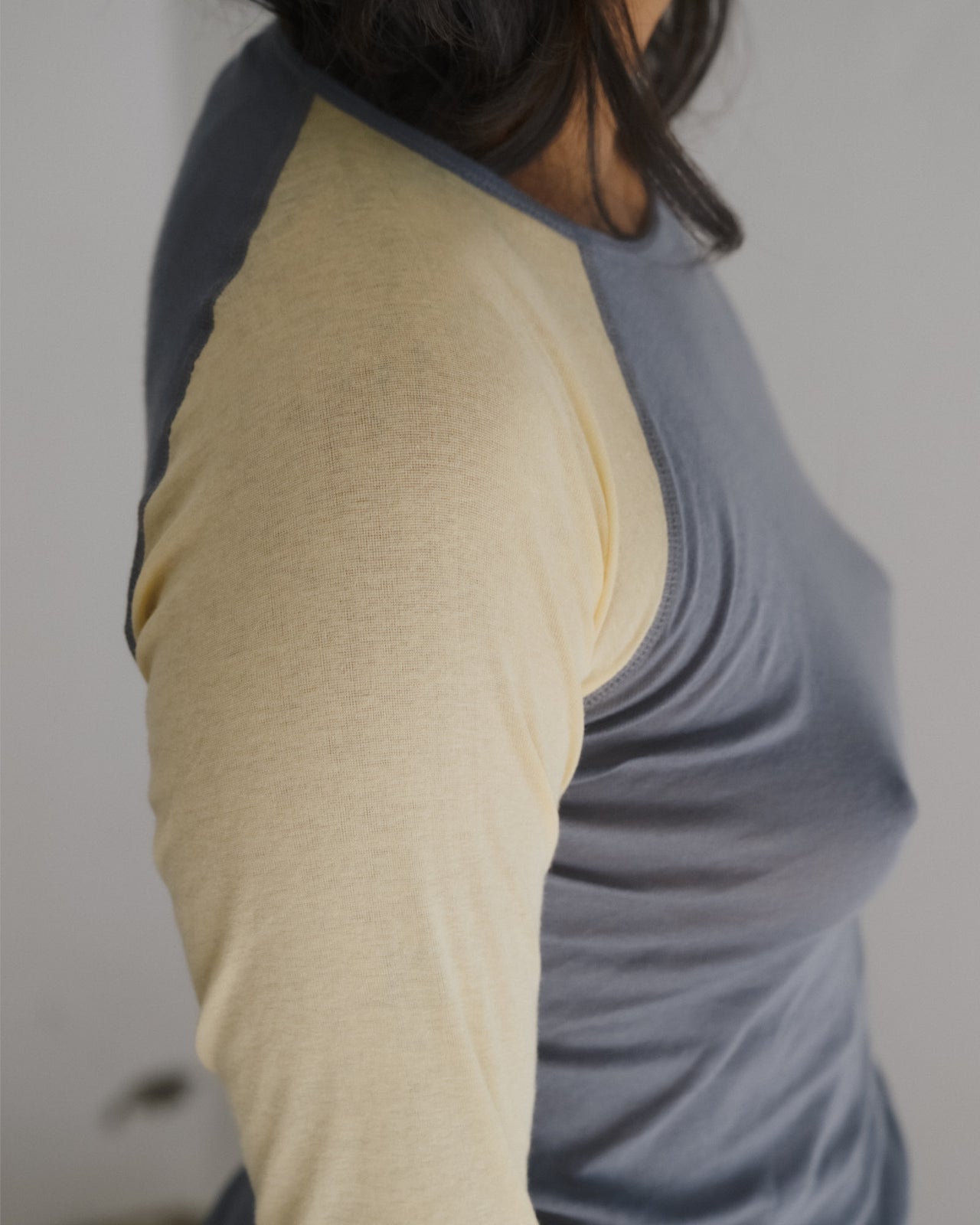 Gene Long Sleeve Tee - Fine Organic Cotton Rib - Amber Blue / Beige