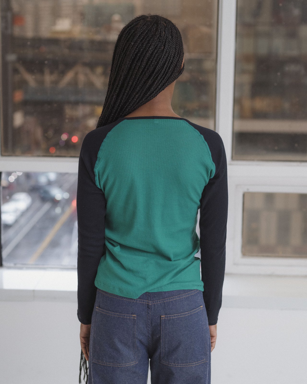 Gene Long Sleeve Tee - Fine Organic Cotton Rib - Mira Green / Navy