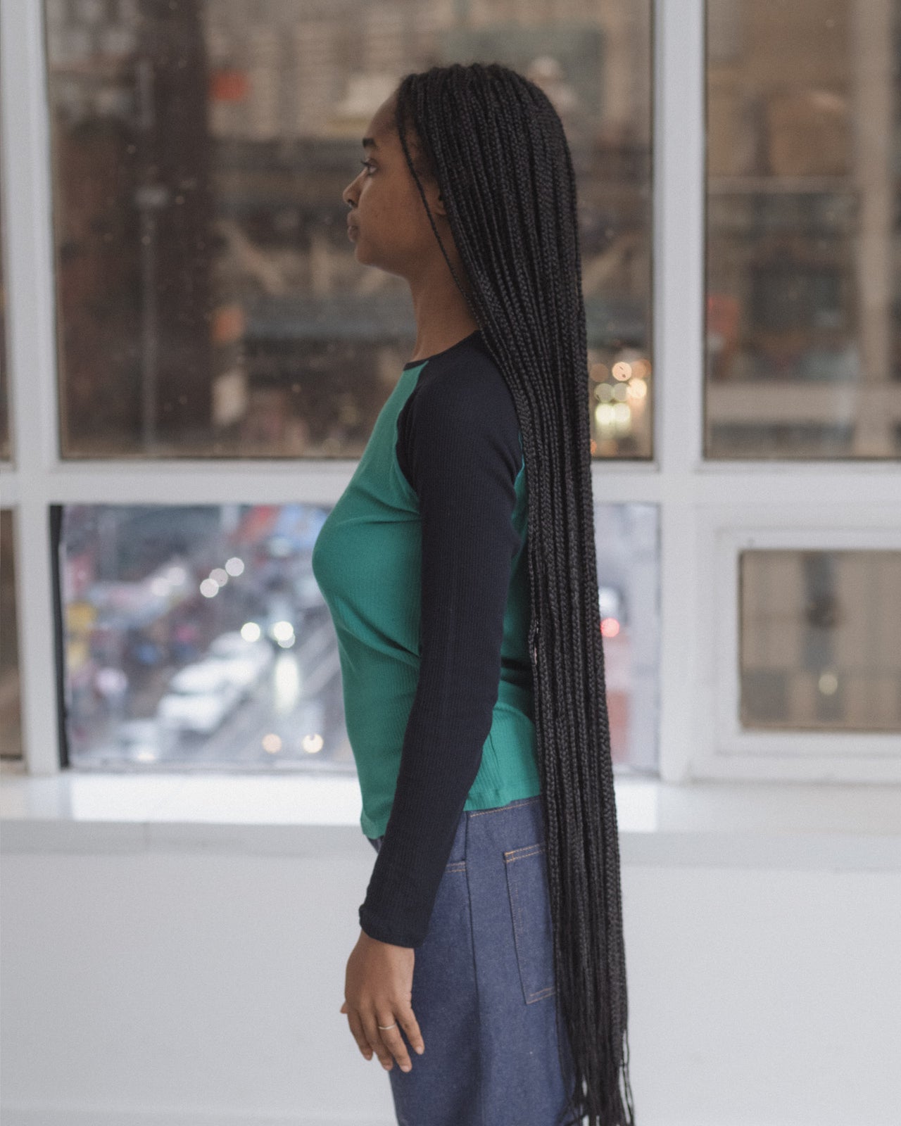 Gene Long Sleeve Tee - Fine Organic Cotton Rib - Mira Green / Navy