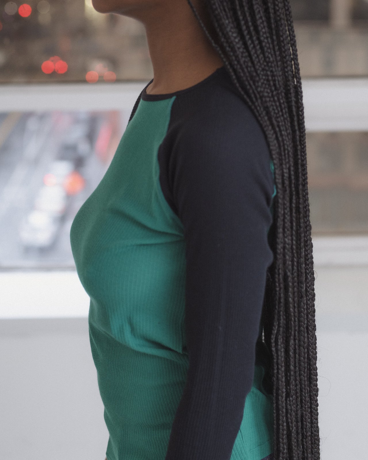 Gene Long Sleeve Tee - Fine Organic Cotton Rib - Mira Green / Navy