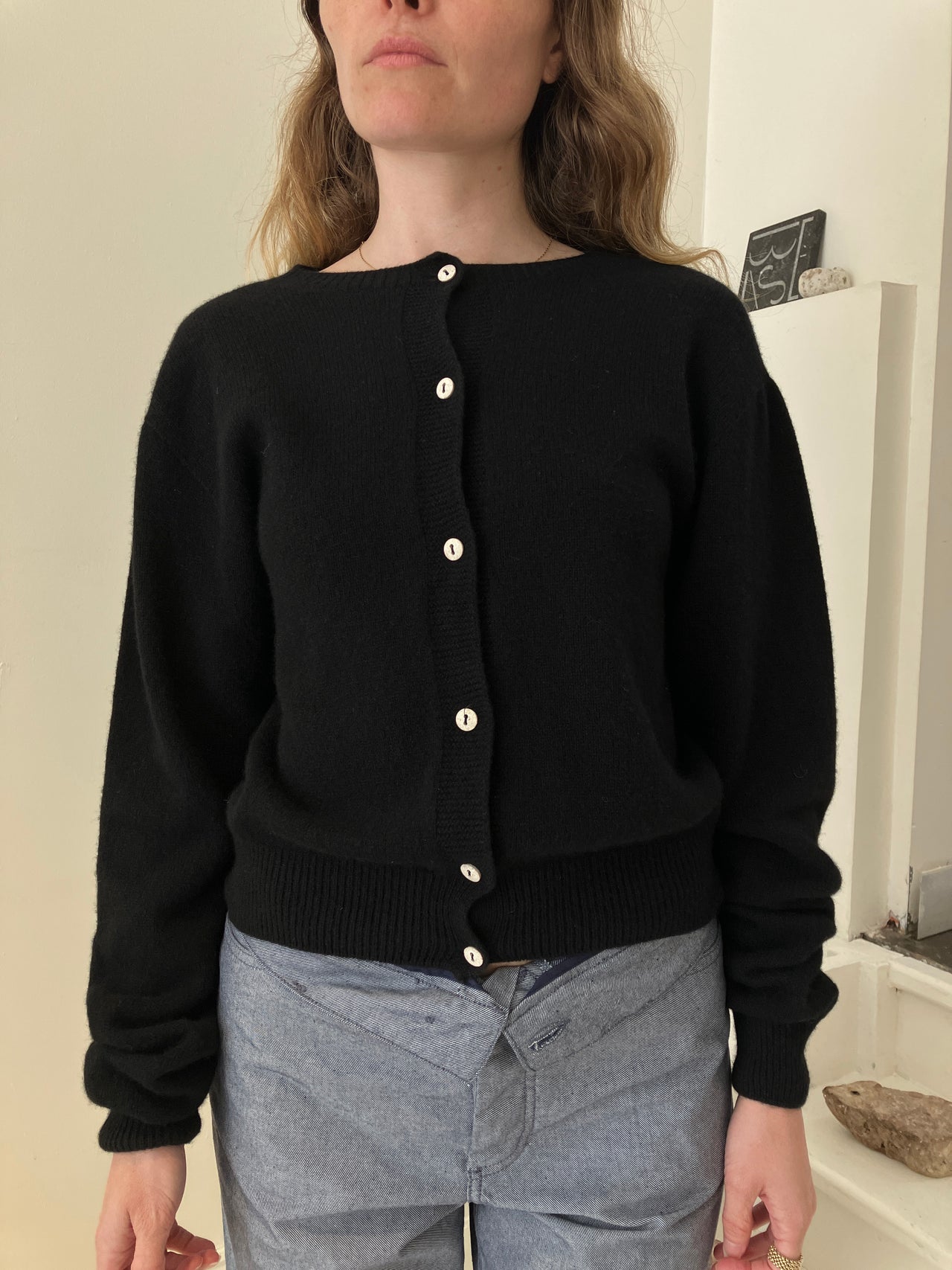 Tier Cardigan - Recycled Cashmere - Black with White Buttons