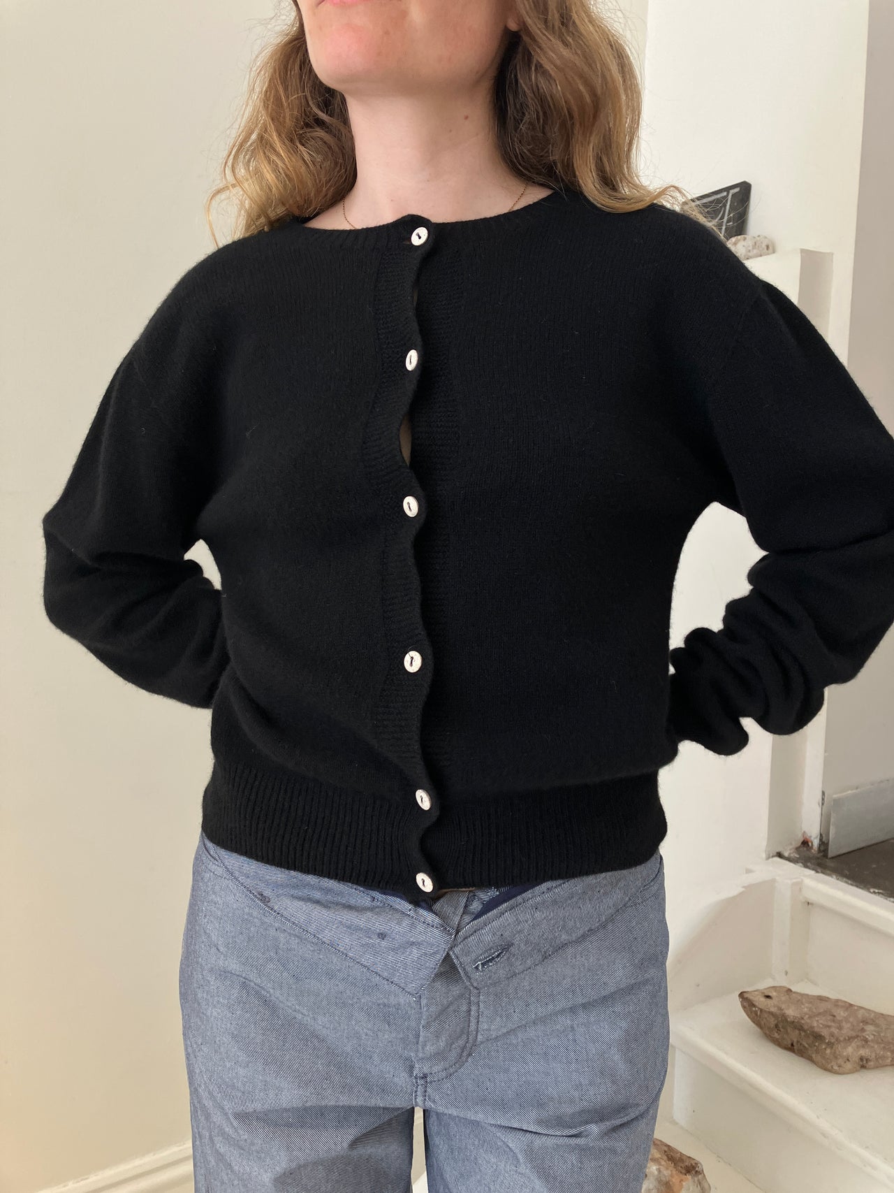Tier Cardigan - Recycled Cashmere - Black with White Buttons