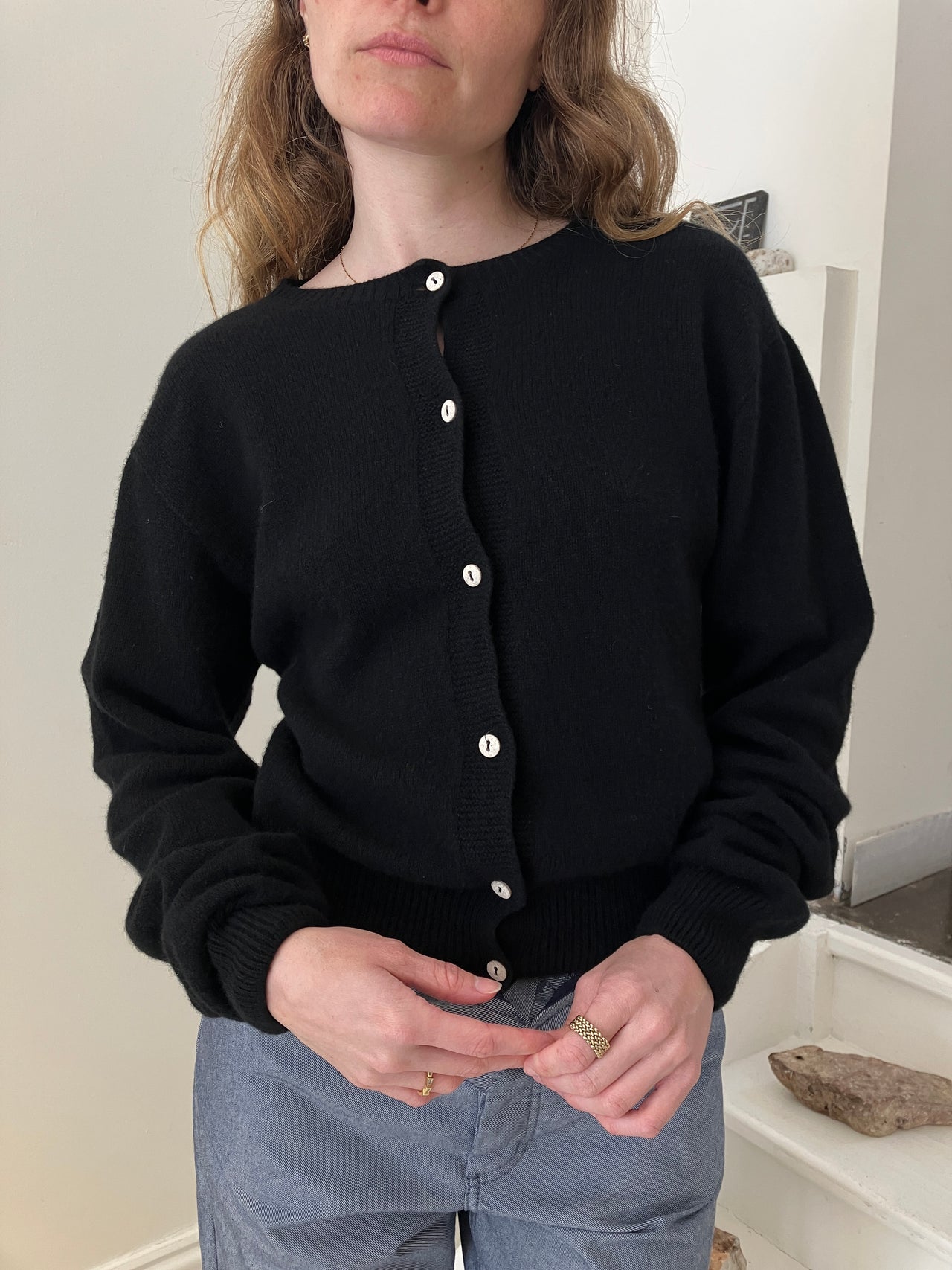Tier Cardigan - Recycled Cashmere - Black with White Buttons