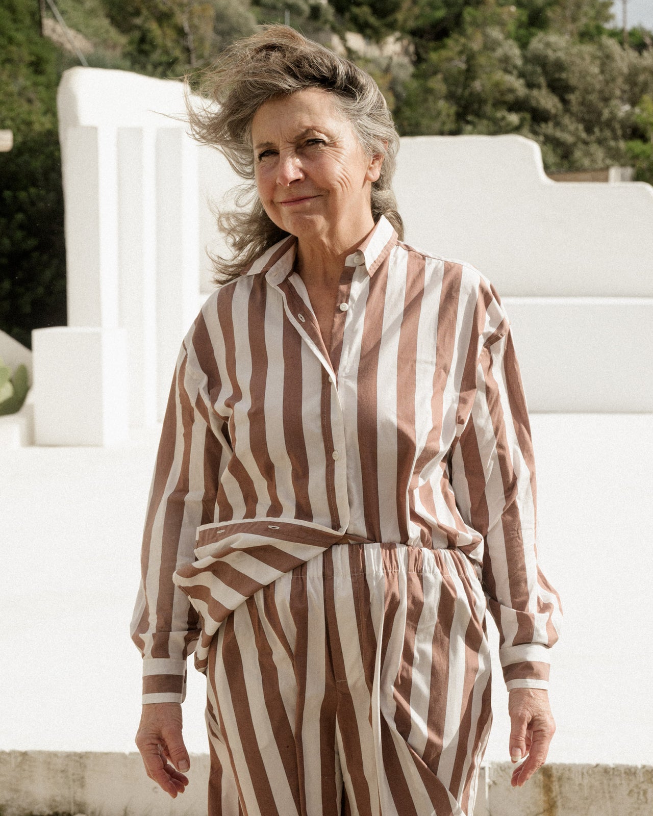 Loose Ole Shirt - Organic Cotton Poplin - Brown White Stripe