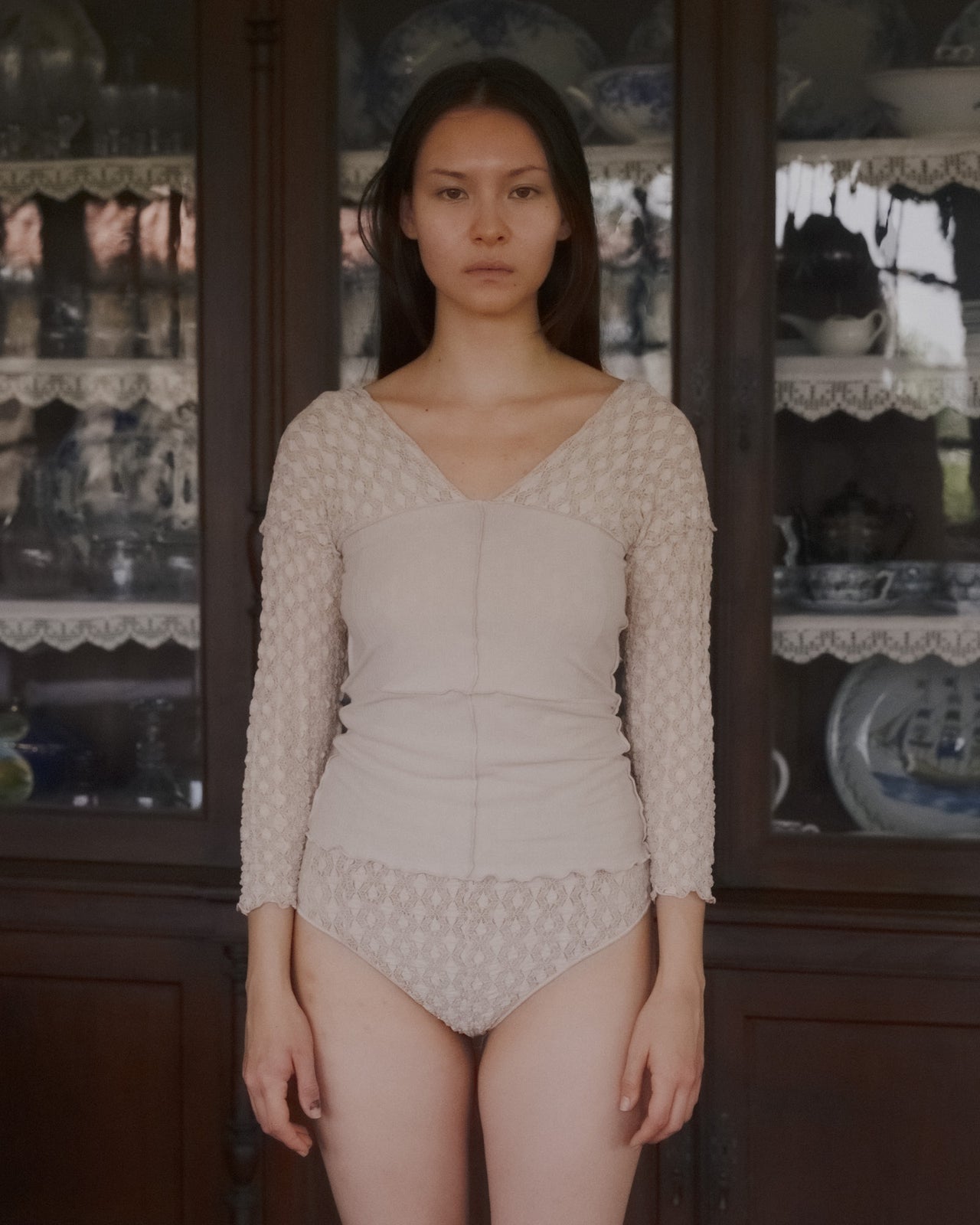 Nehru Long Sleeve Tee - Organic Cotton Rib - Dylan Beige