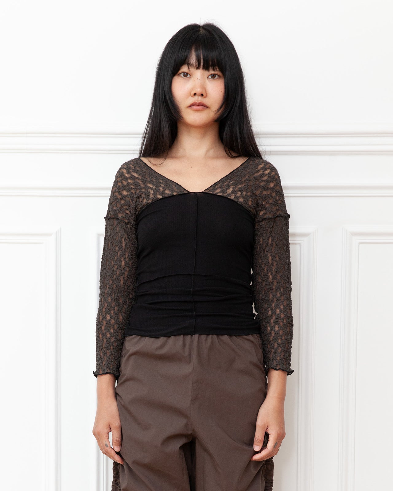 Nehru Long Sleeve Tee - Lace & Fine Cotton Rib - Black