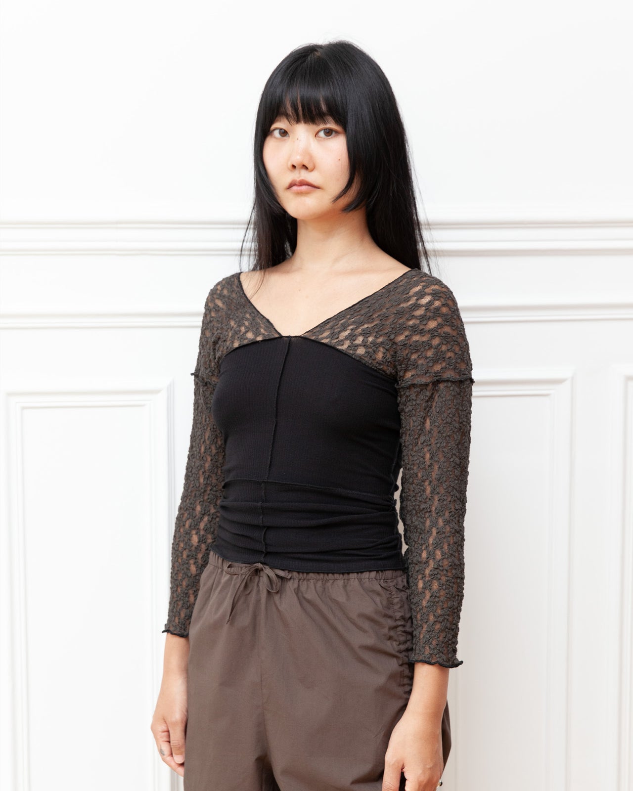 Nehru Long Sleeve Tee - Lace & Fine Cotton Rib - Black