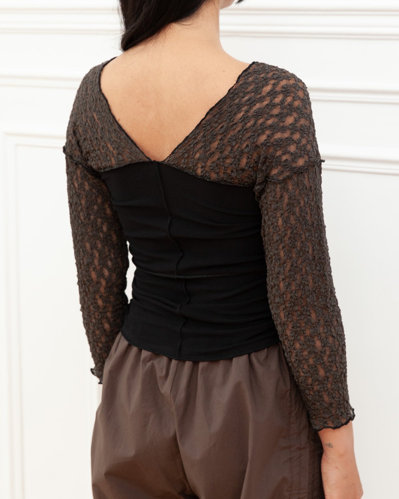 Nehru Long Sleeve Tee - Lace & Fine Cotton Rib - Black