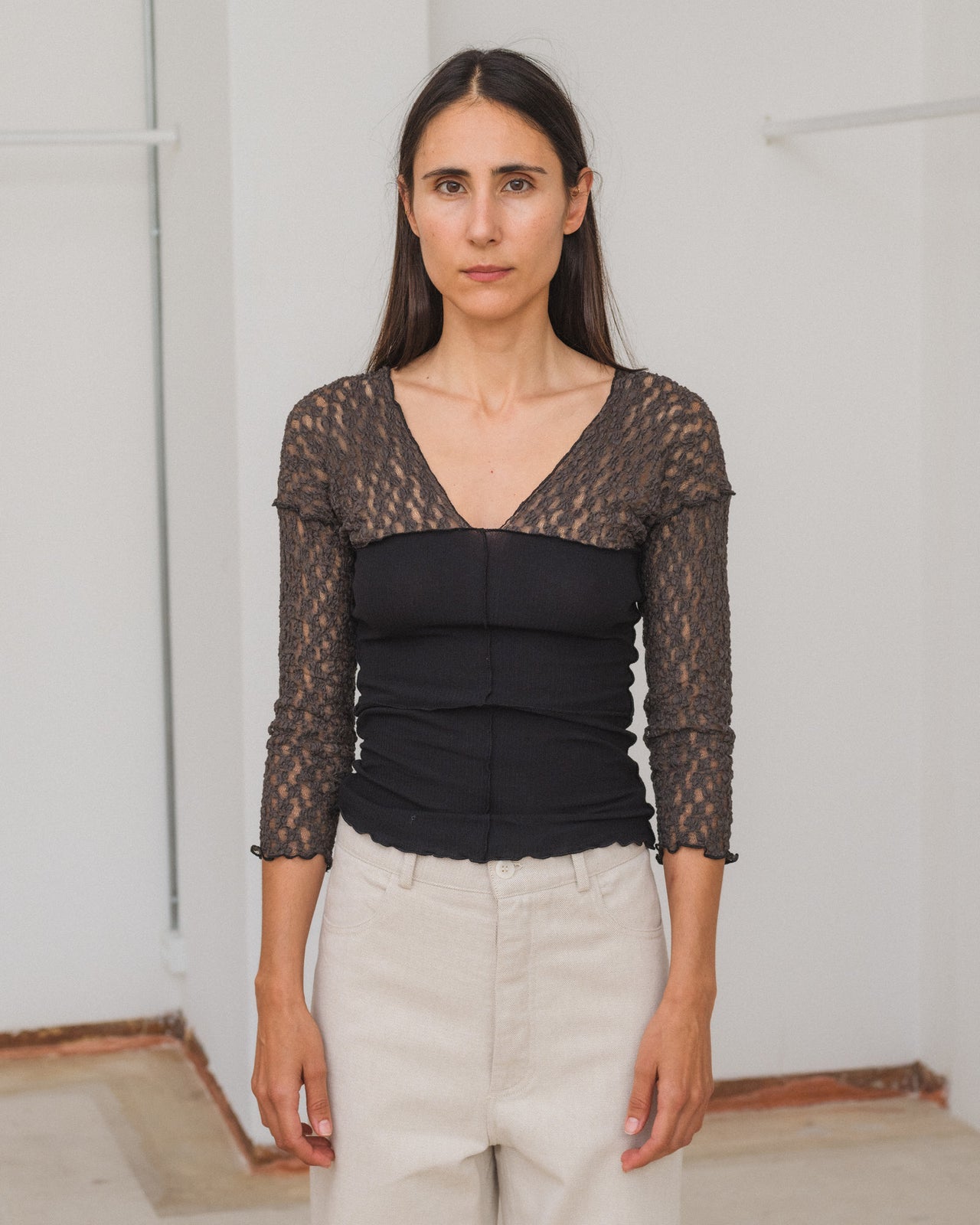 Nehru Long Sleeve Tee - Lace & Fine Cotton Rib - Black