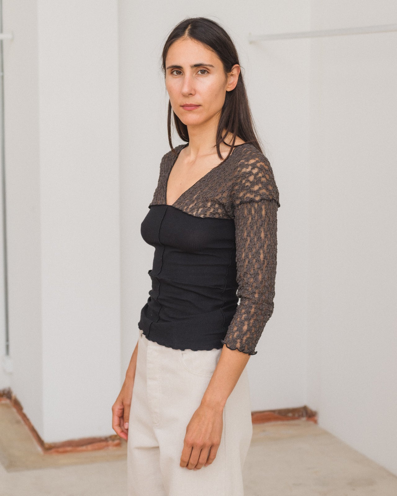 Nehru Long Sleeve Tee - Lace & Fine Cotton Rib - Black