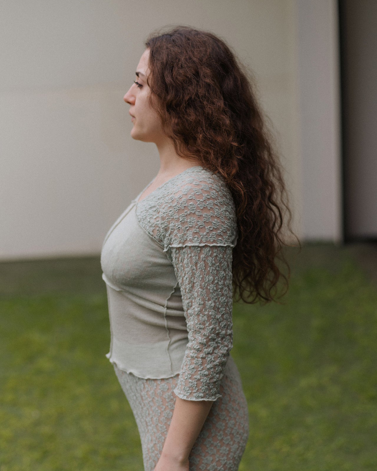 Nehru Long Sleeve Tee - Organic Cotton Lace - Conta Green