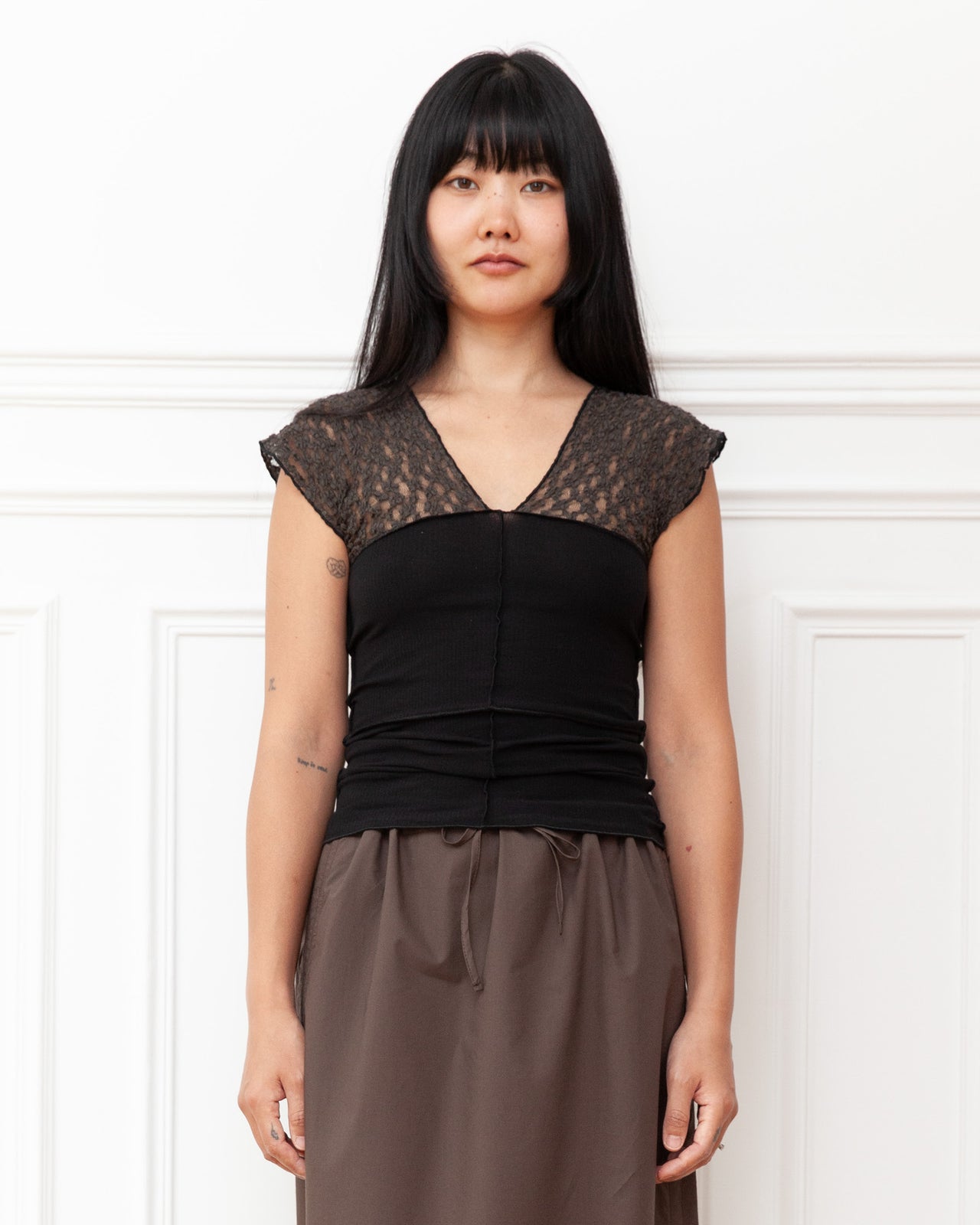 Nehru Tank - Lace & Fine Cotton Rib - Black