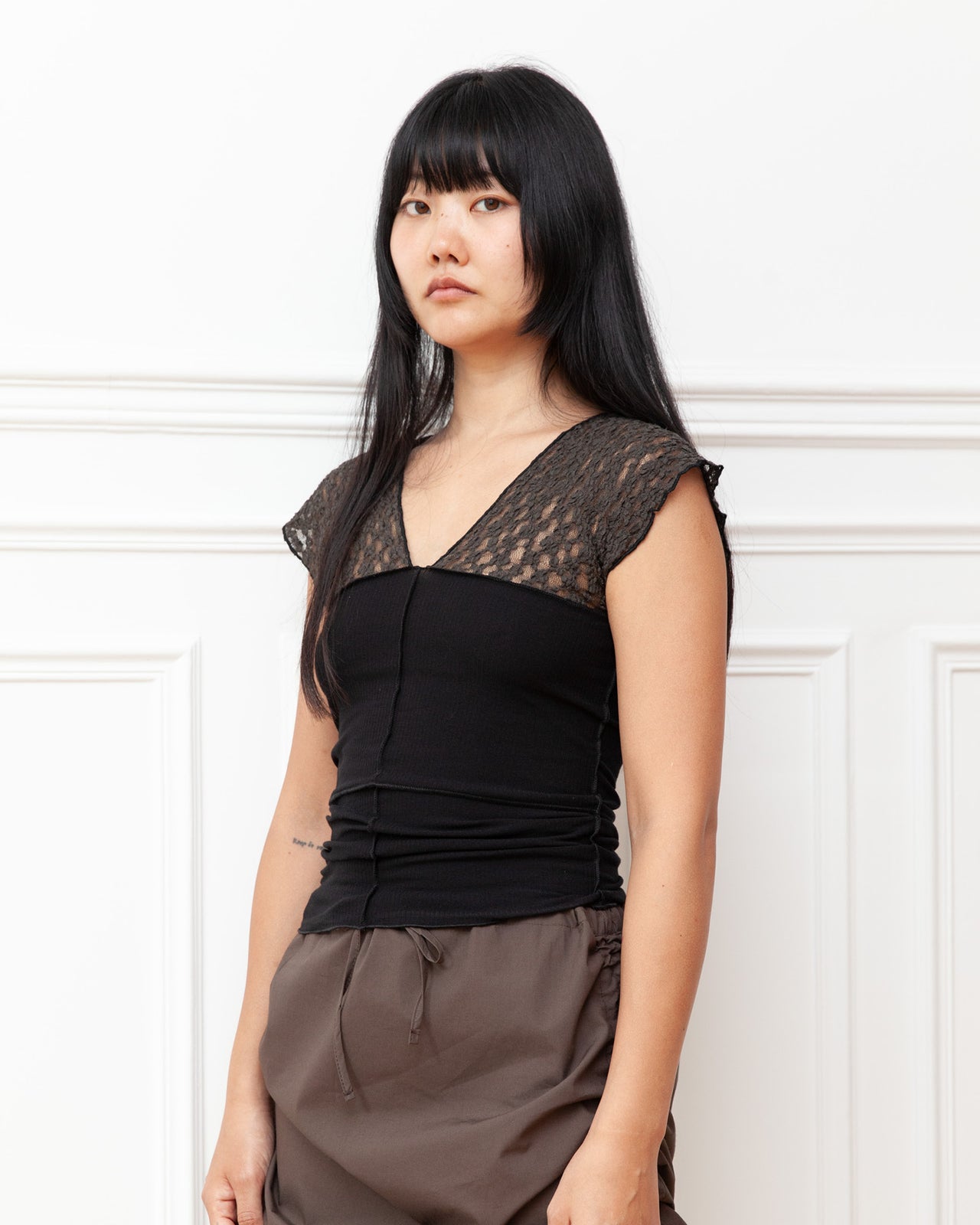 Nehru Tank - Lace & Fine Cotton Rib - Black