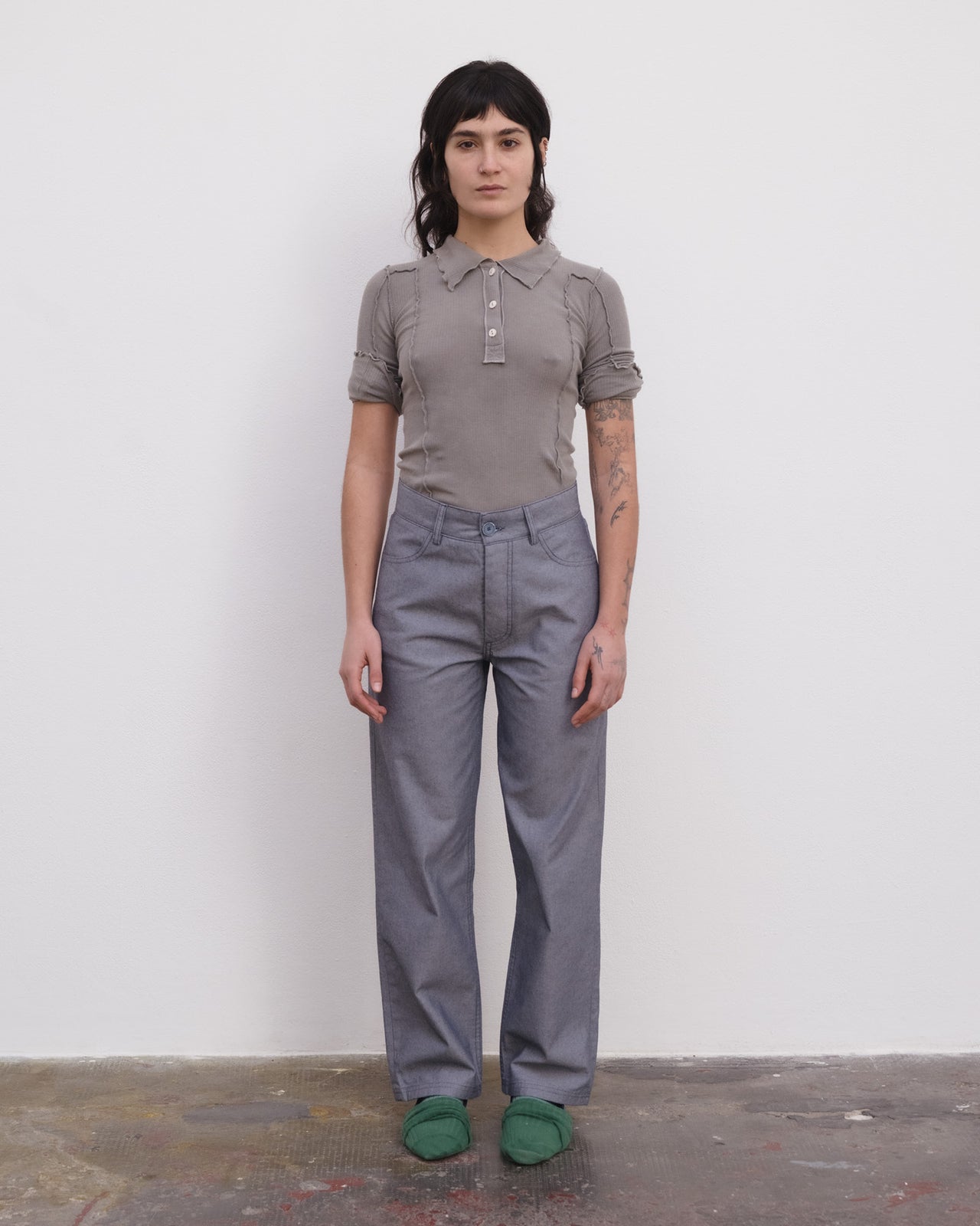 Omato Polo Long Sleeve Tee - Organic Cotton Rib - Elie Grey