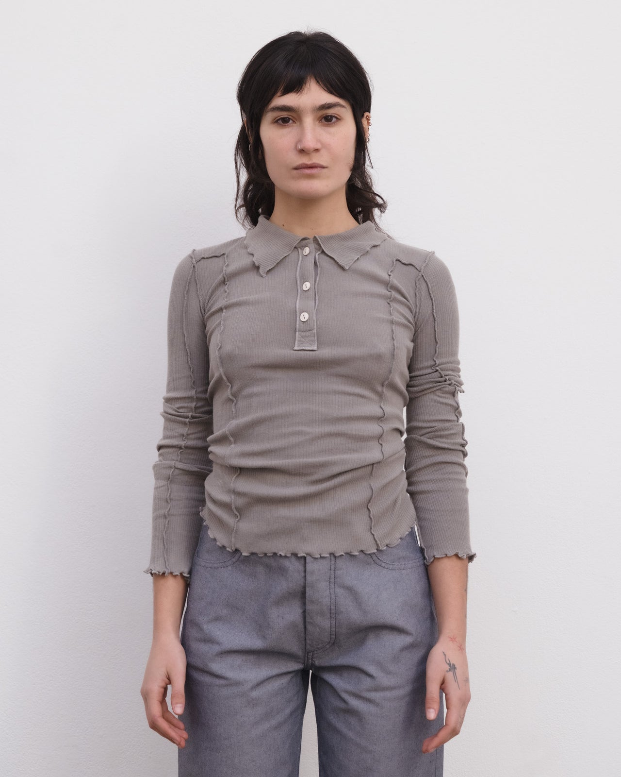 Omato Polo Long Sleeve Tee - Organic Cotton Rib - Elie Grey
