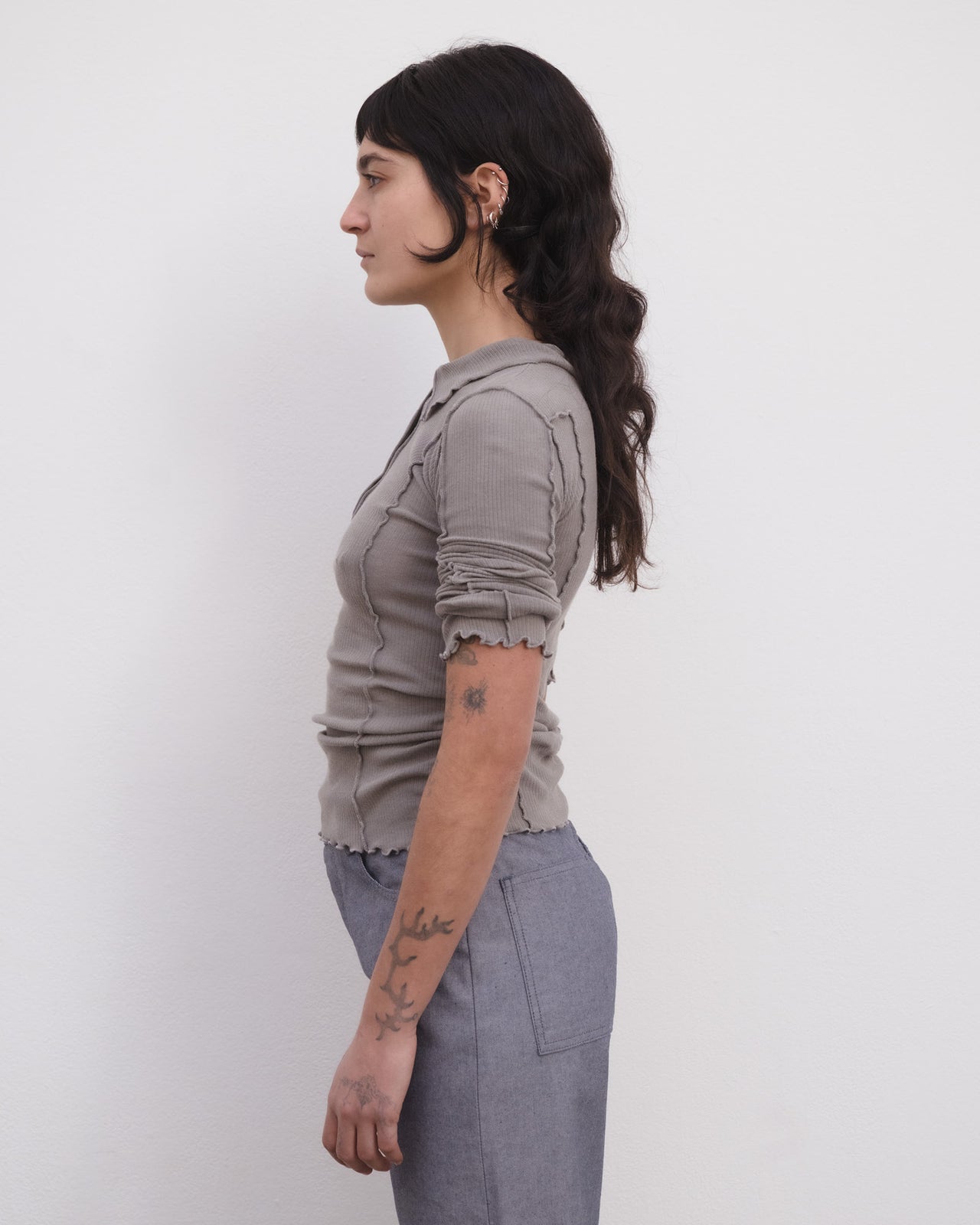 Omato Polo Long Sleeve Tee - Organic Cotton Rib - Elie Grey