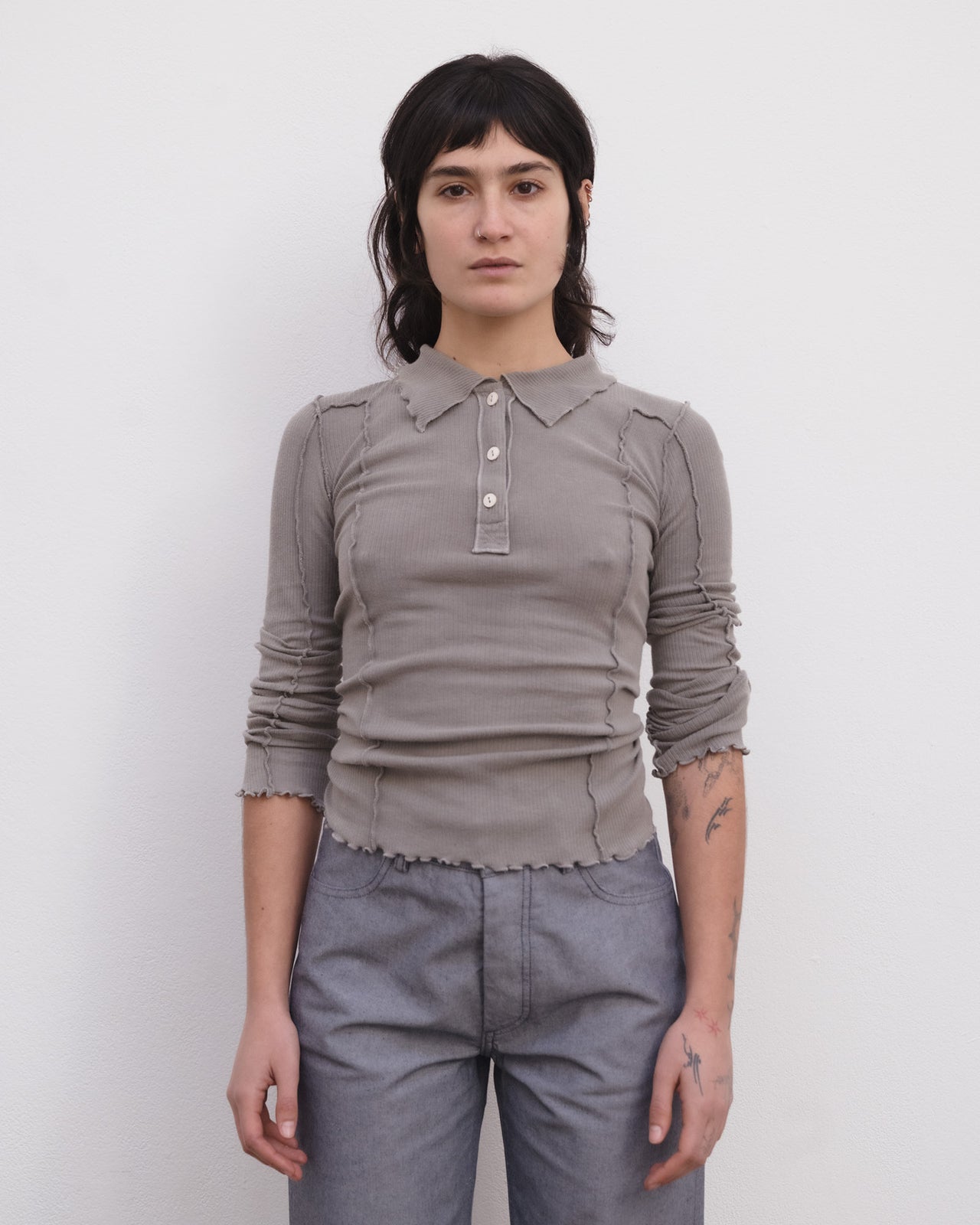 Omato Polo Long Sleeve Tee - Organic Cotton Rib - Elie Grey
