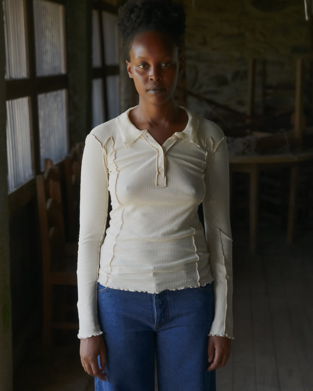 Omato Polo Long Sleeve Tee - Organic Cotton Rib - Off White