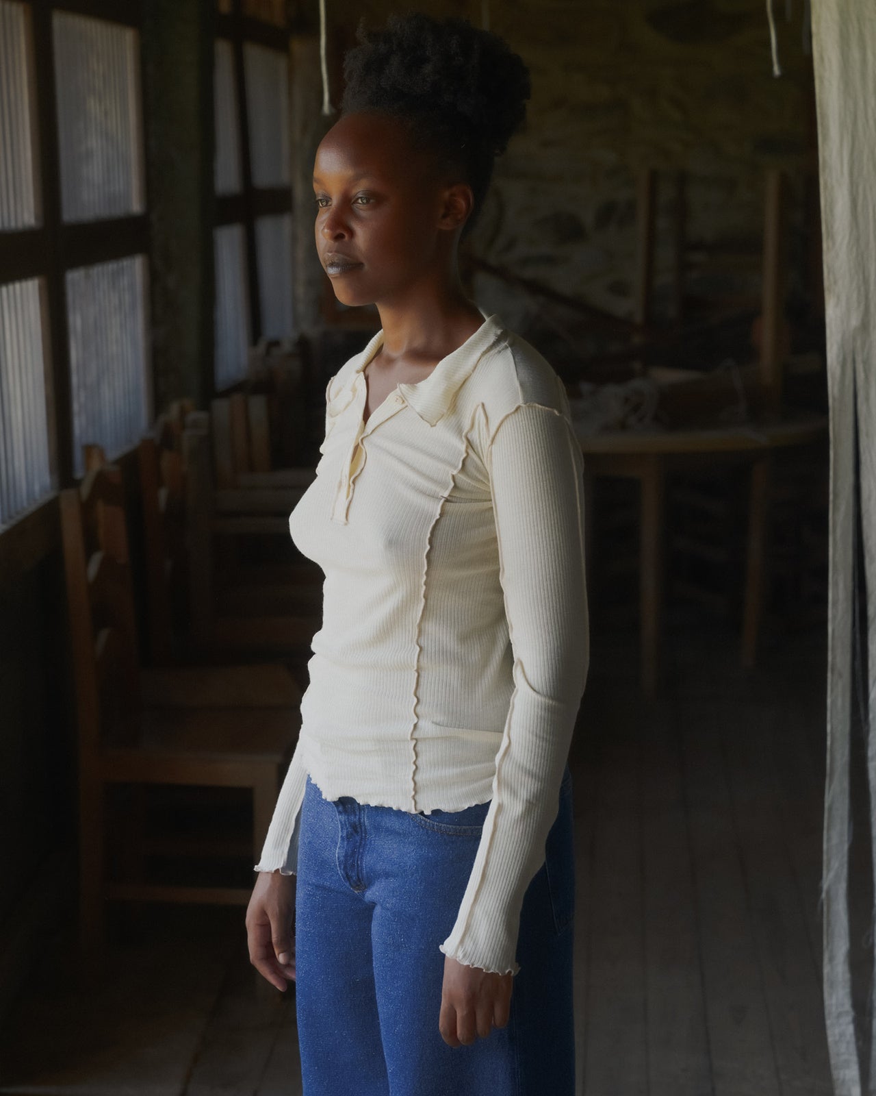 Omato Polo Long Sleeve Tee - Organic Cotton Rib - Off White