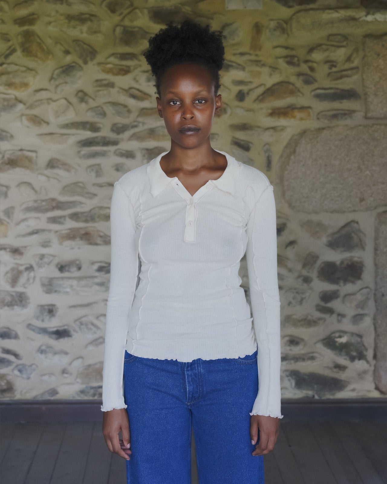 Omato Polo Long Sleeve Tee - Organic Cotton Rib - Off White