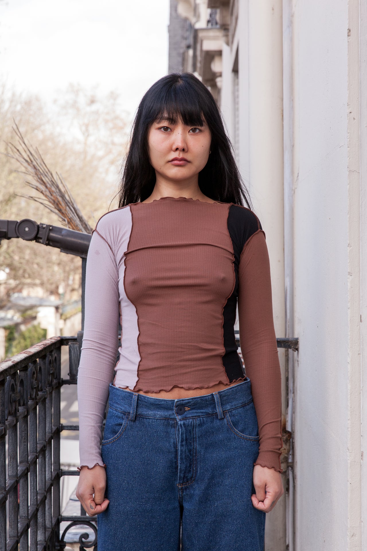 Ponere Long Sleeve Tee - Organic Cotton Rib - Black / Brown / Purple