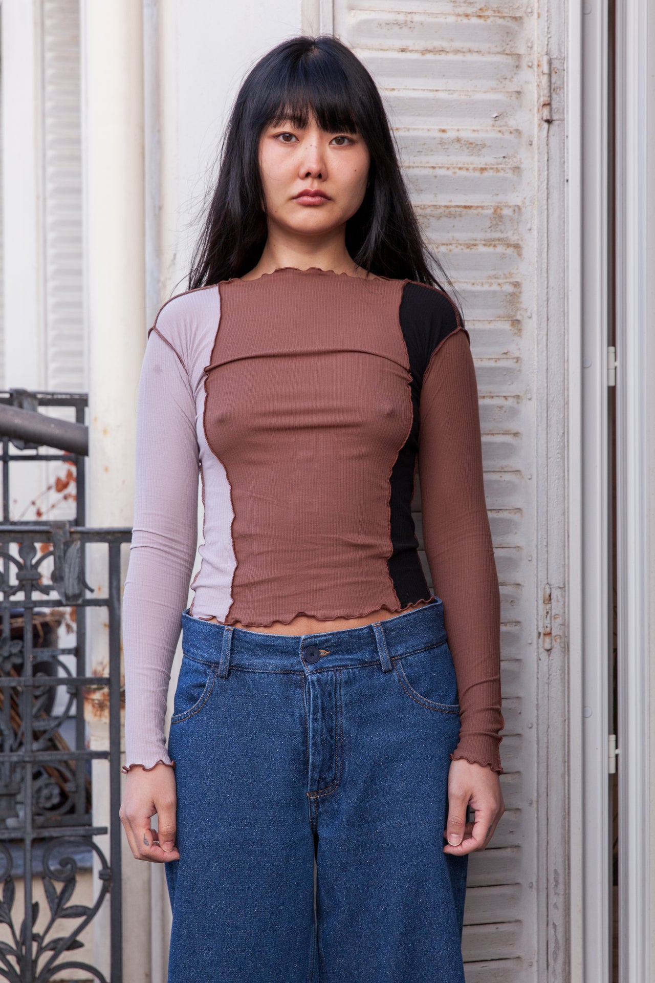 Ponere Long Sleeve Tee - Organic Cotton Rib - Black / Brown / Purple