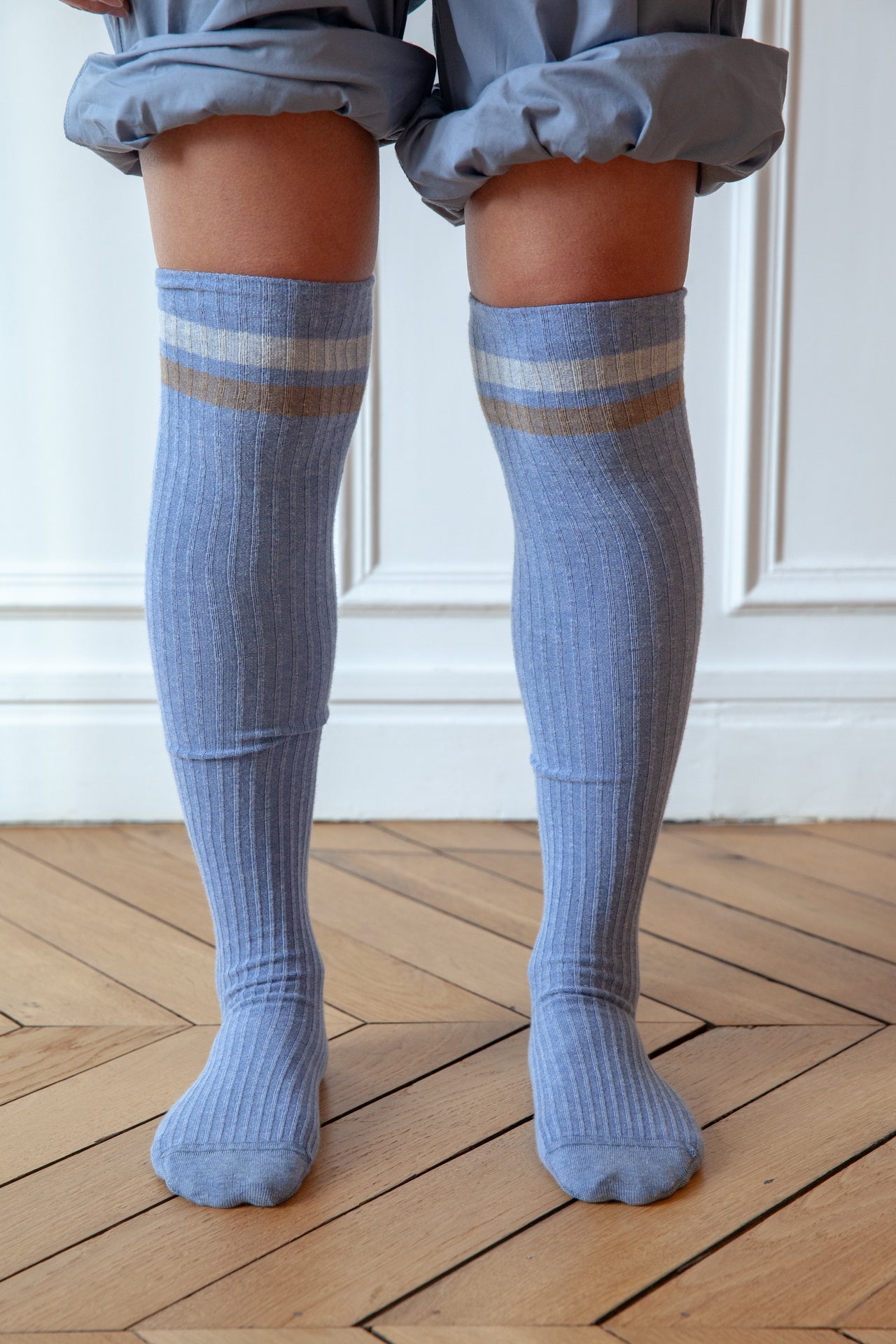 Race Overknee Socks - Organic Cotton Rib - Blue Melange