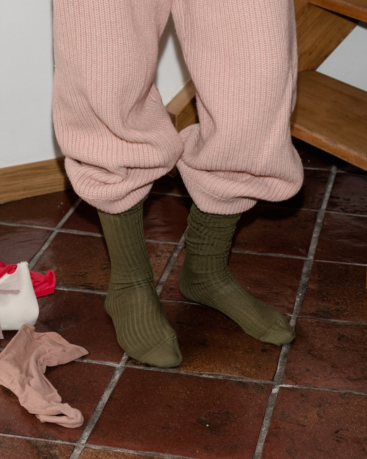 Rib Overankle Socks - Cotton - Rena Olive - WT23