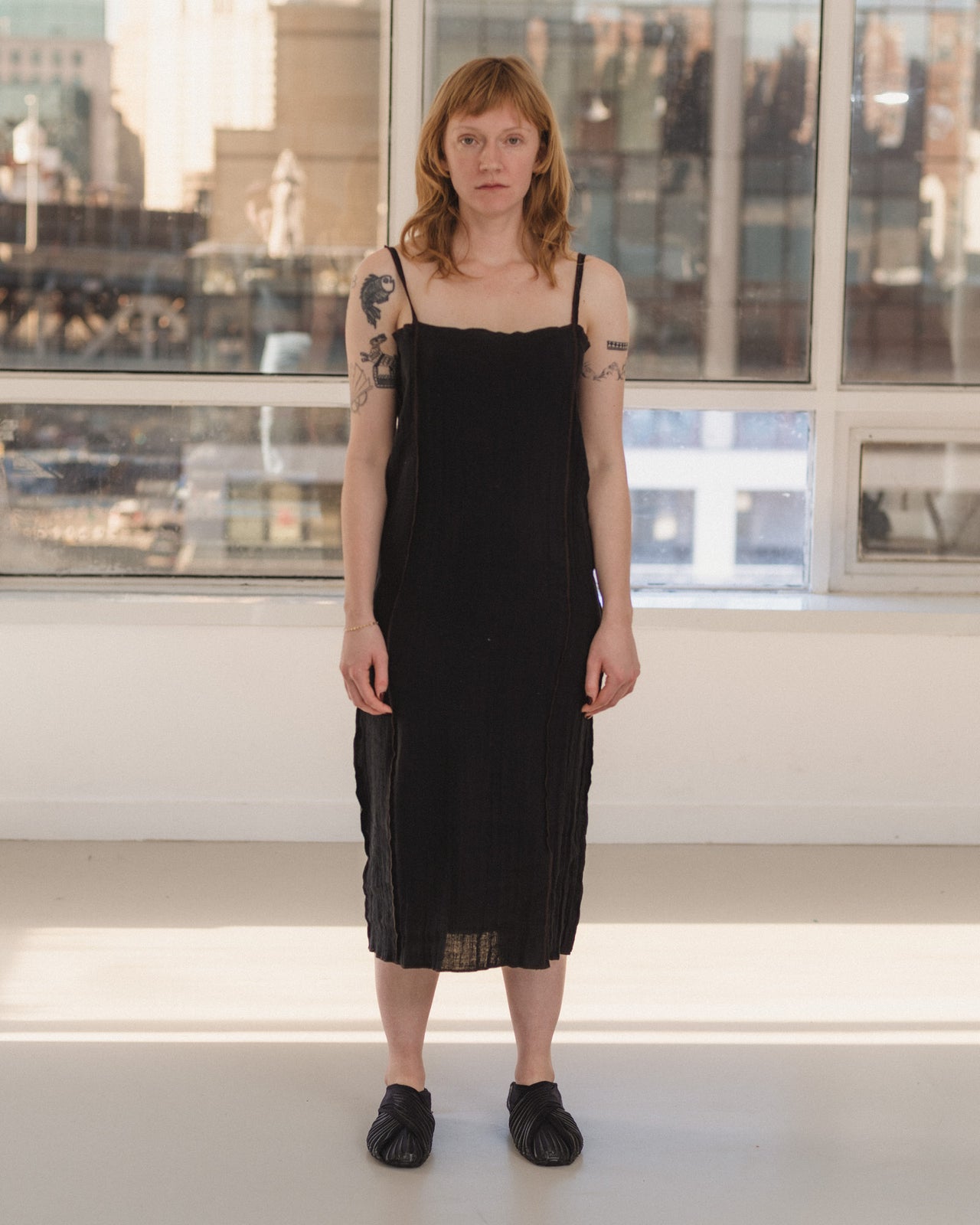 Shok Slip Dress - Crinkle Linen - Black / Brown