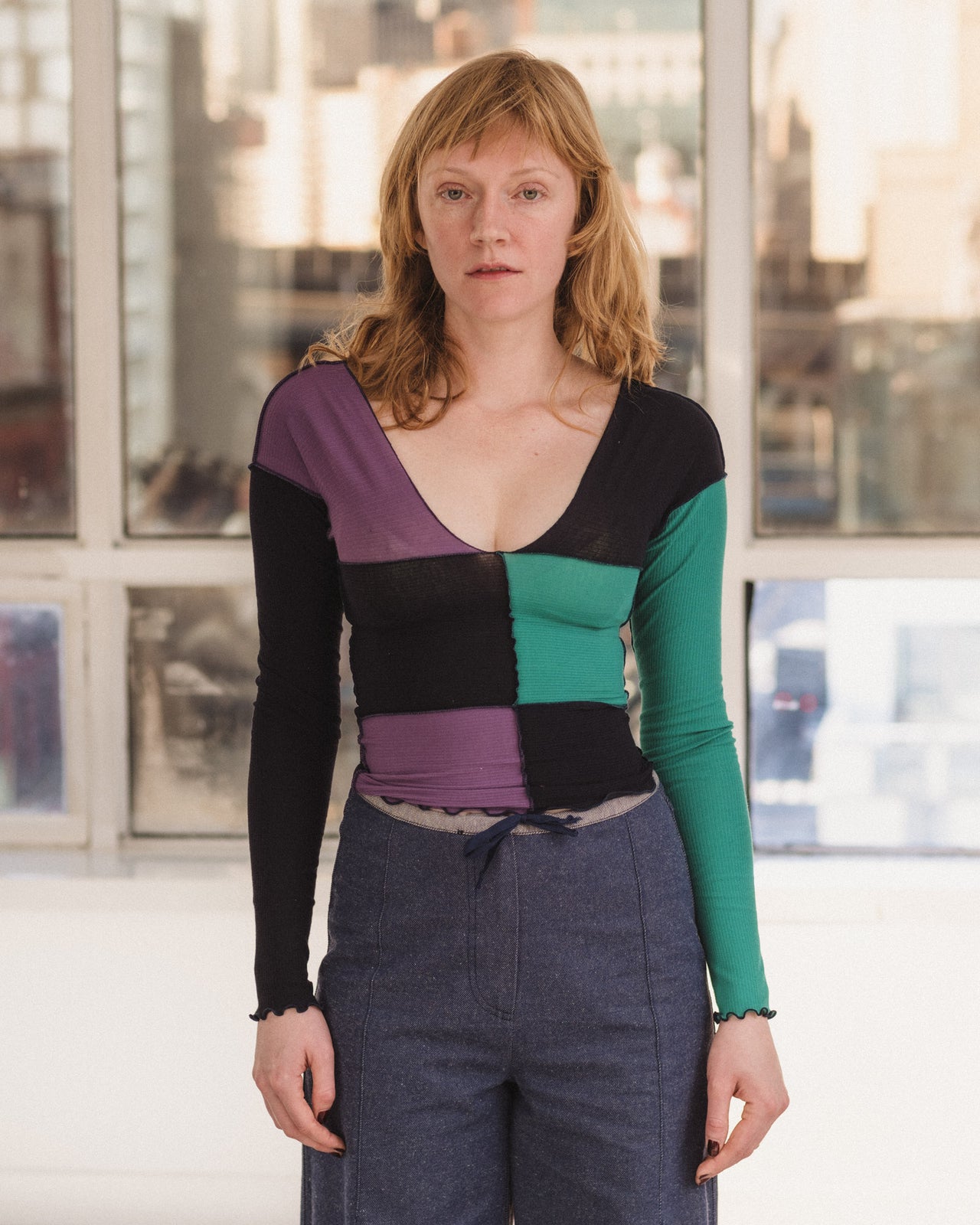 Teak Long Sleeve Tee - Organic Cotton Rib - Green / Navy / Purple