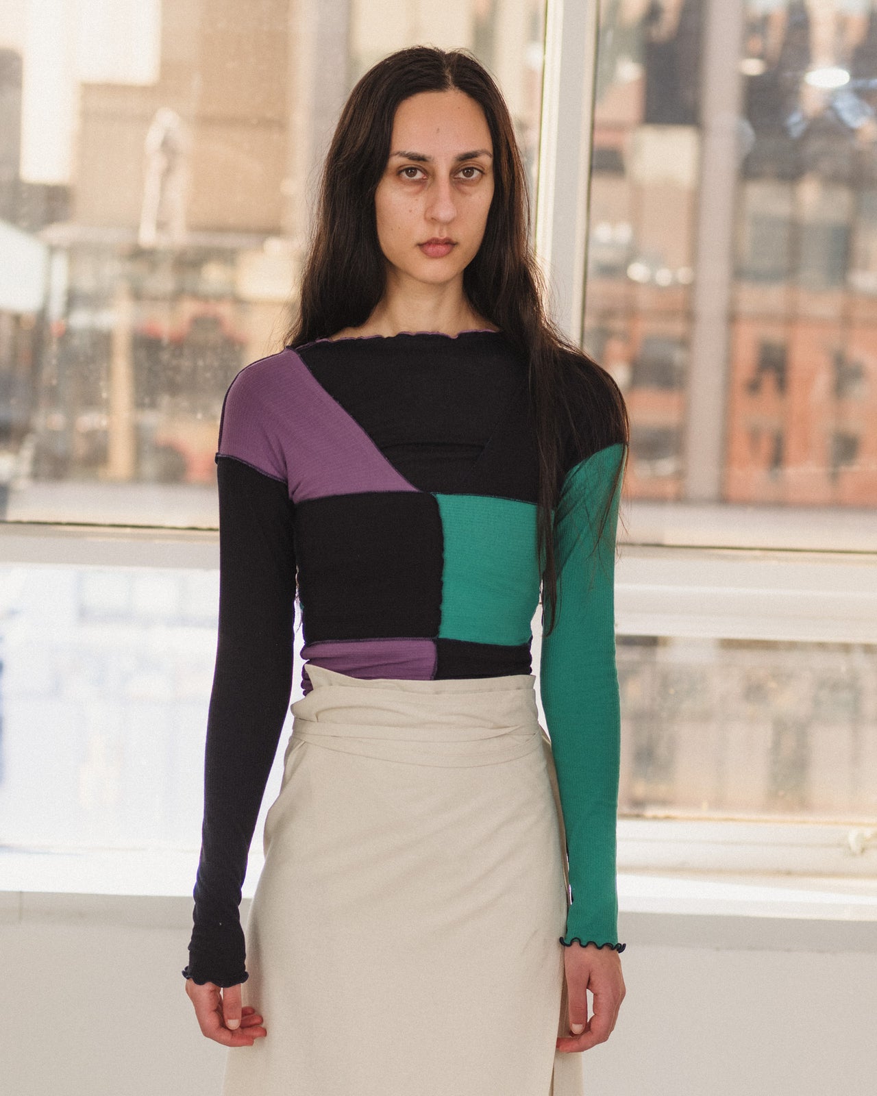 Teak Long Sleeve Tee - Organic Cotton Rib - Green / Navy / Purple