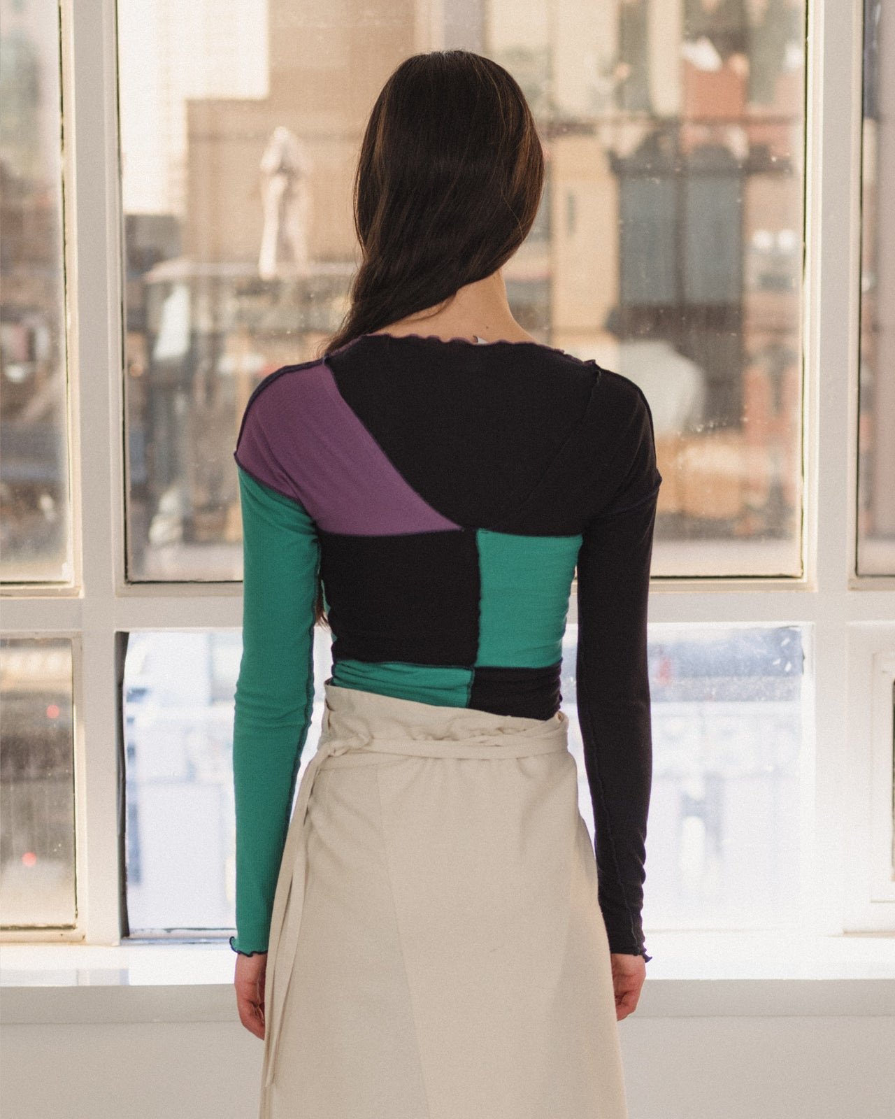 Teak Long Sleeve Tee - Organic Cotton Rib - Green / Navy / Purple