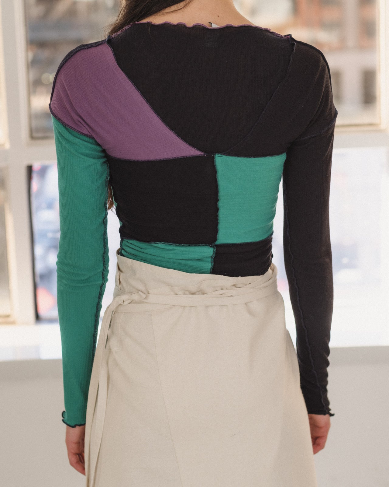 Teak Long Sleeve Tee - Organic Cotton Rib - Green / Navy / Purple