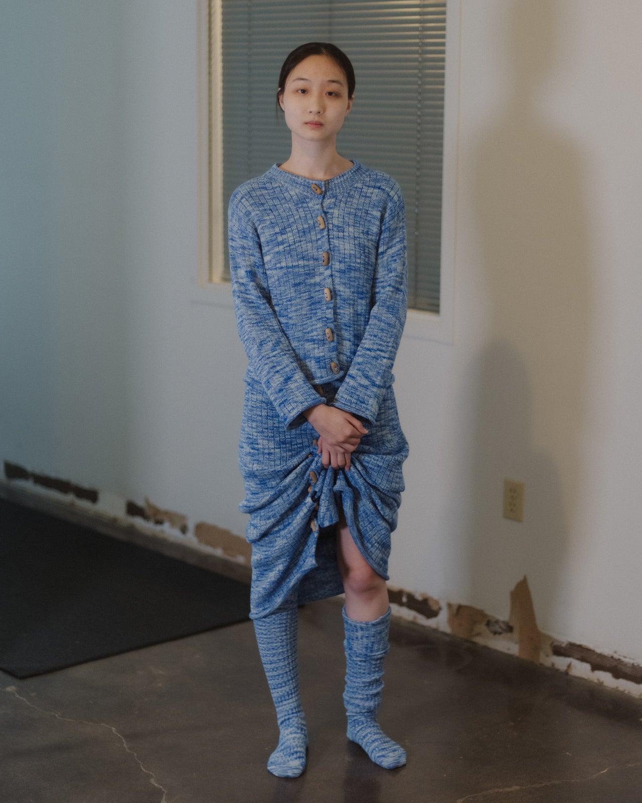 Twist Overknee Socks - Organic Cotton Rib - Blue Melange