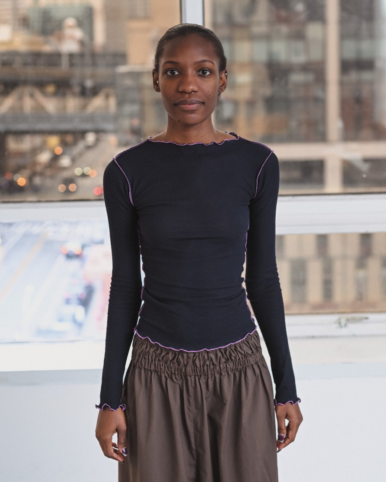 Vein Long Sleeve Tee - Fine Organic Cotton Rib - Murano Navy / Purple