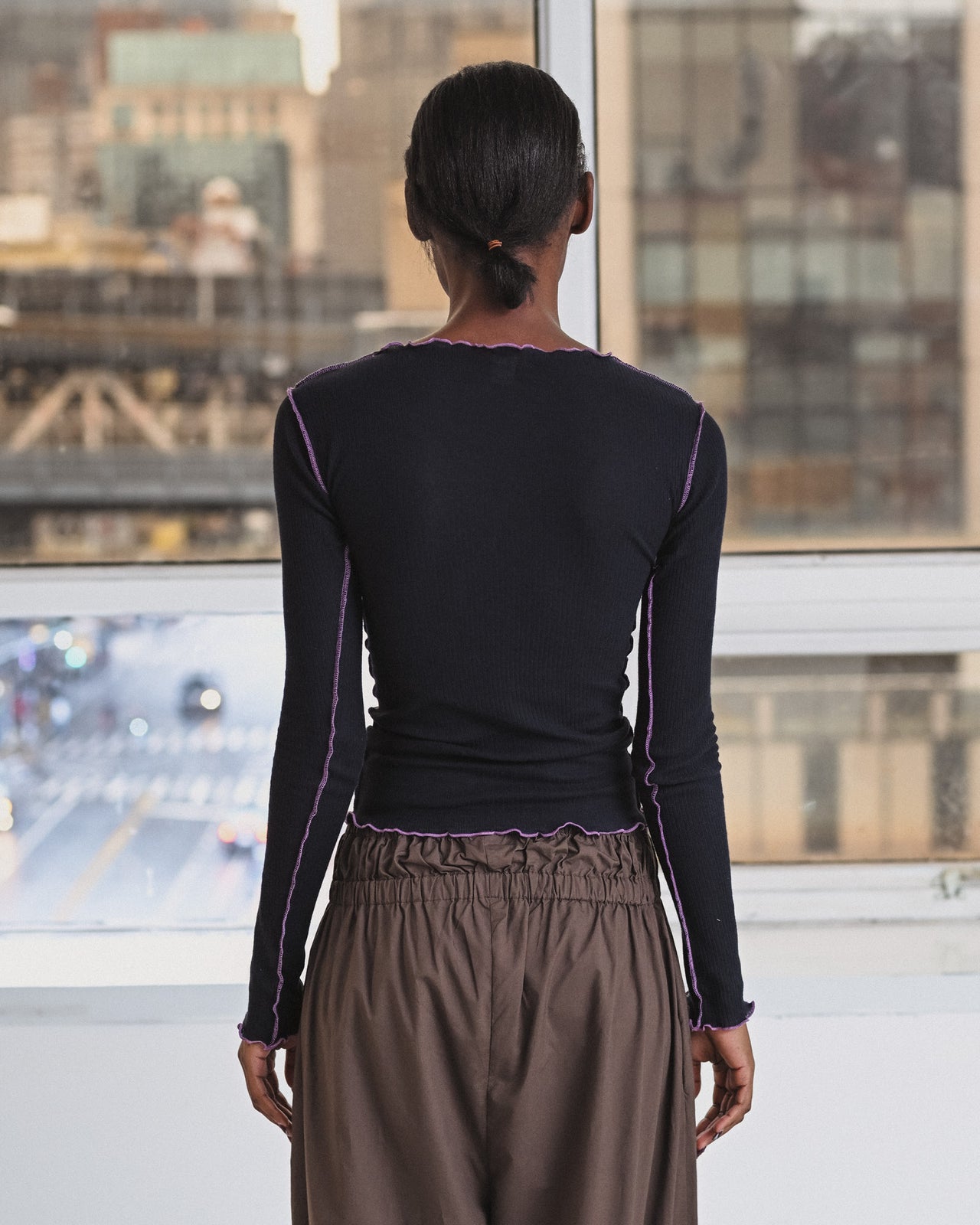 Vein Long Sleeve Tee - Fine Organic Cotton Rib - Murano Navy / Purple